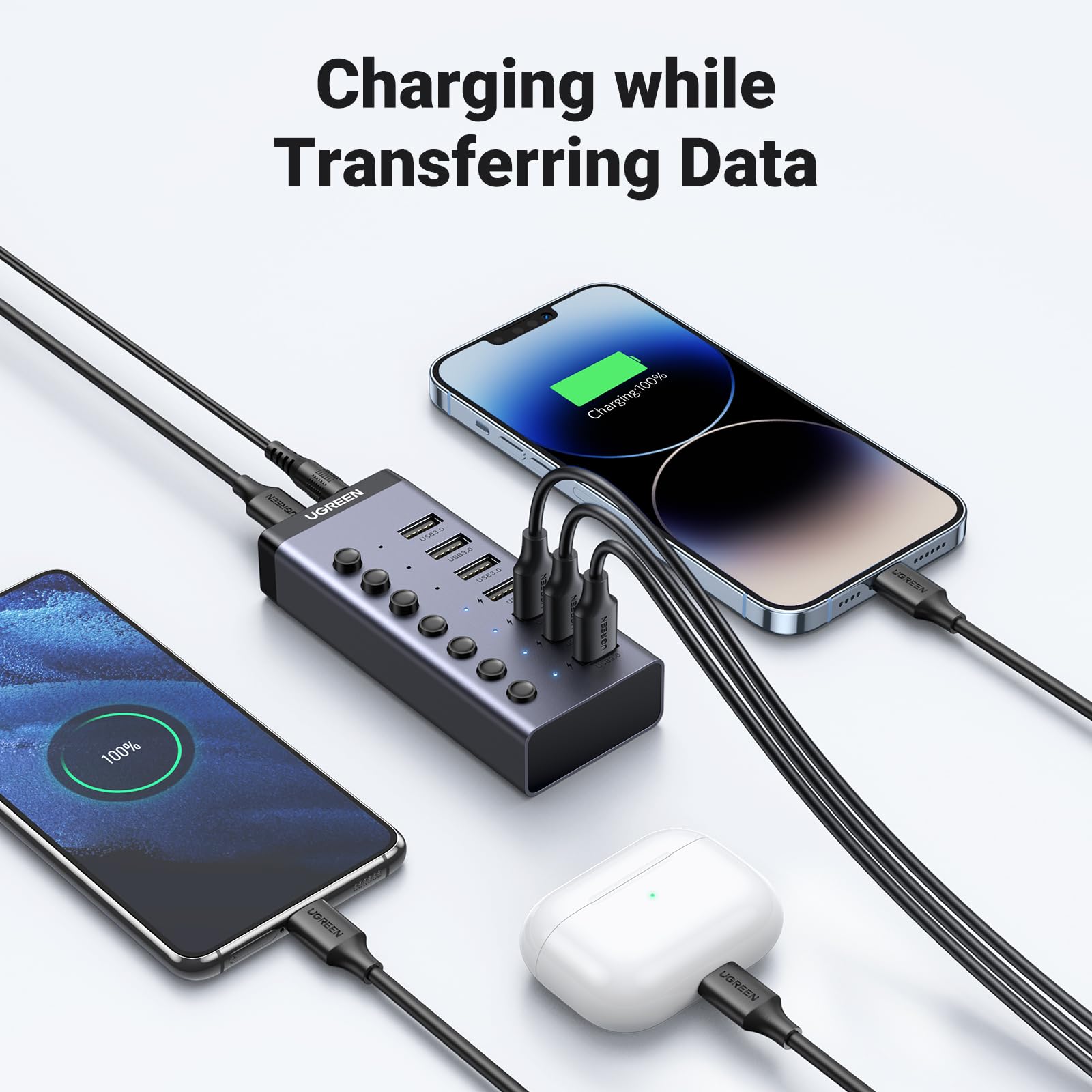 Ugreen Powered Usb 3.0 Hub, 7-Port Usb Adapter With 4 Smart Charging Ports, Usb Splitter With Individual Led On/Off Switches And