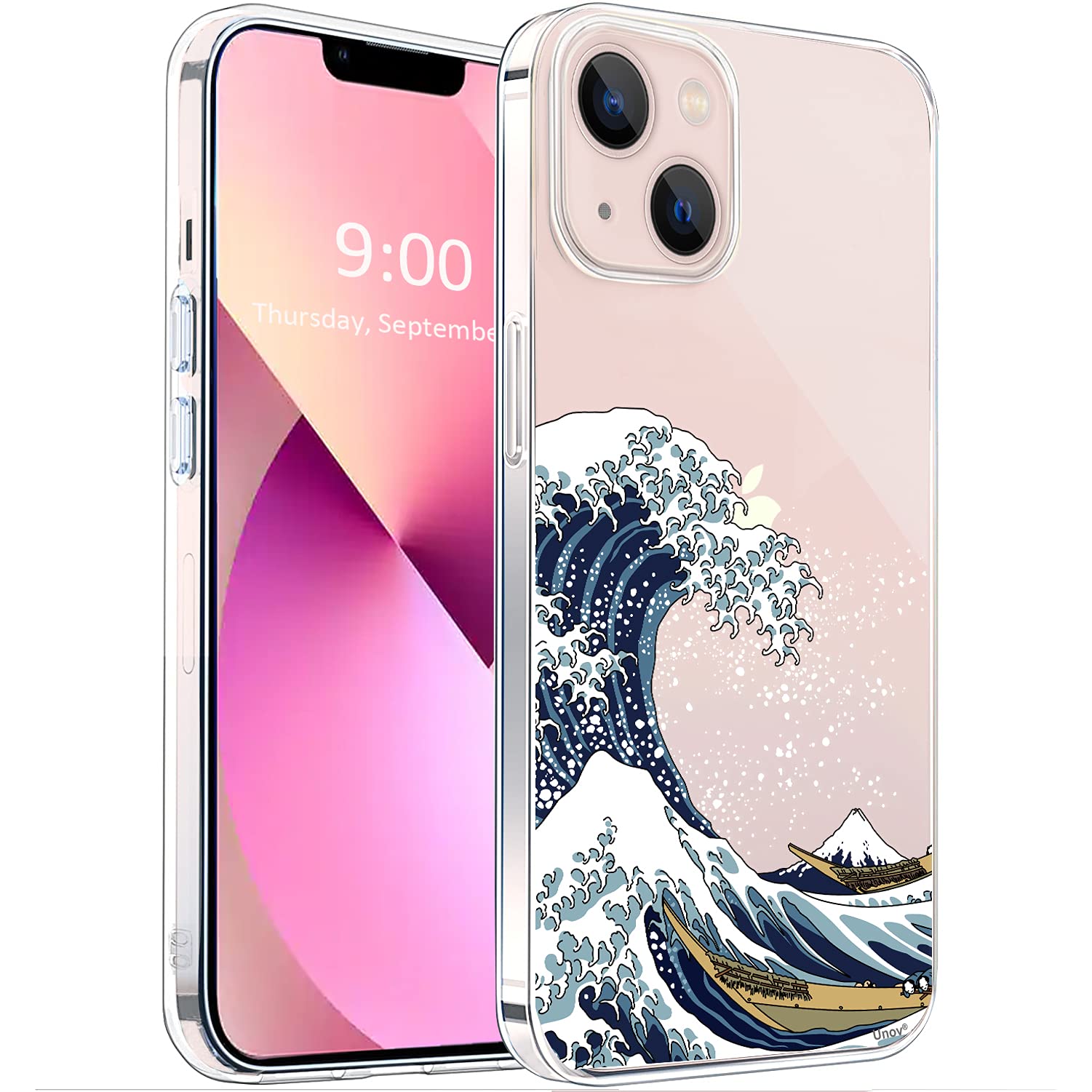 Unov Case Compatible With Iphone 13 Case Clear With Design Embossed Pattern Soft Tpu Bumper Slim Protective 6.1 Inch (Great Wave