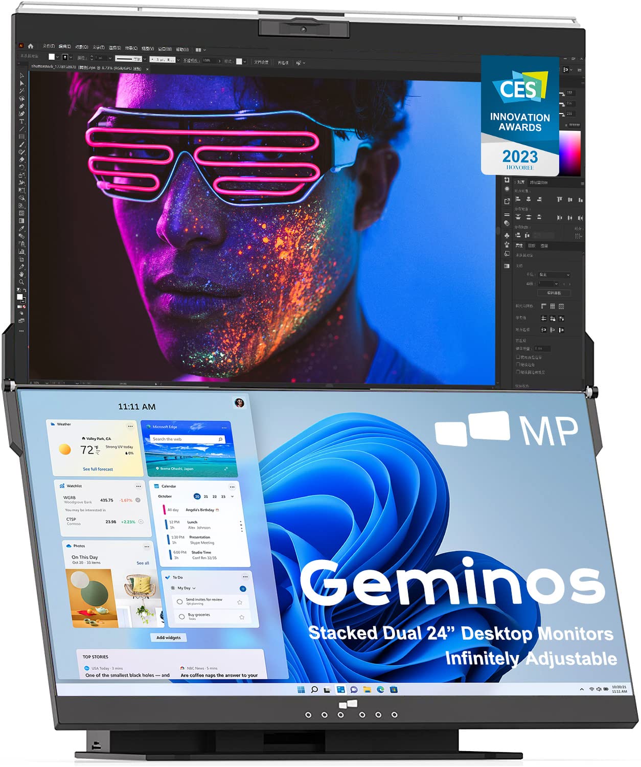 Mobile Pixels Geminos Dual 24'' Stacked Computer Monitors With 1080P Webcam&Speakers, 65W Usb C Charging, All Inclusive Vertical