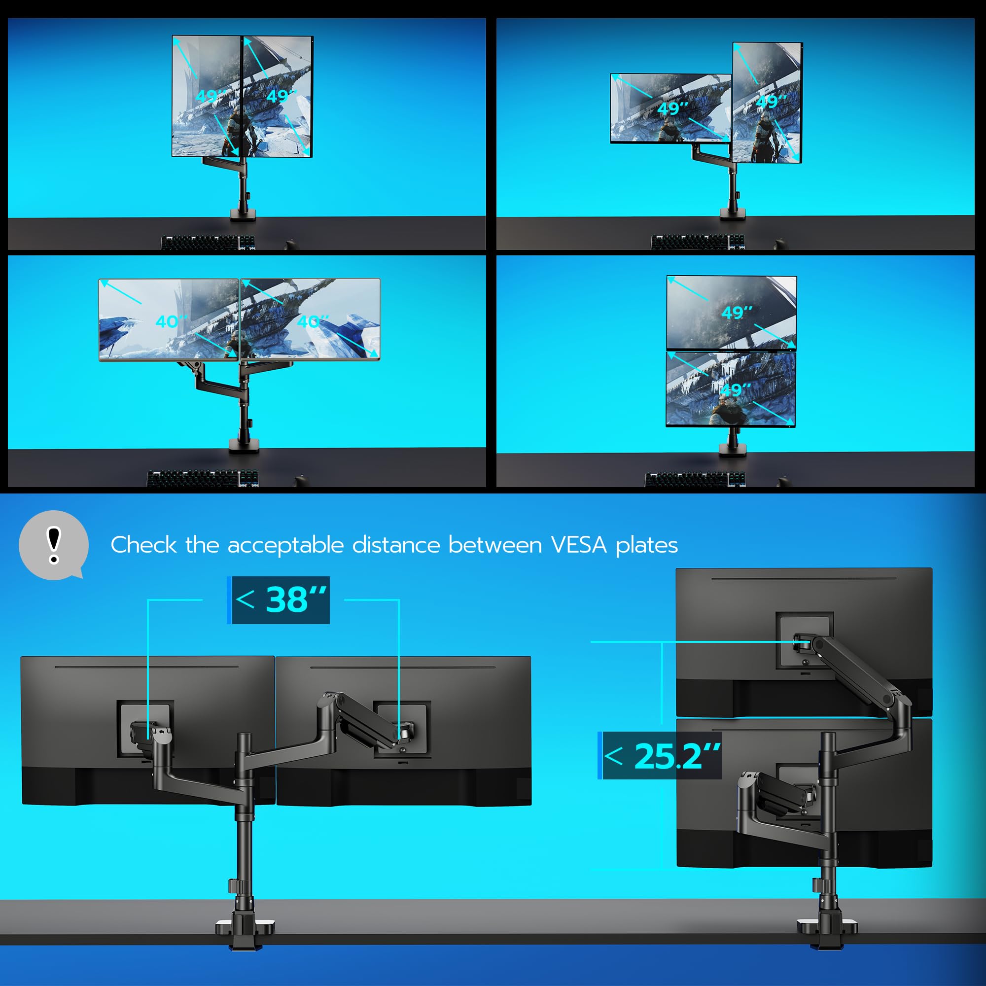 Ares Wing Dual Monitor Arm For Ultrawide Heavy Duty Curved Monitor Stacking, Fits 17 49 Inch, Vertical Gas Spring Double Monitor