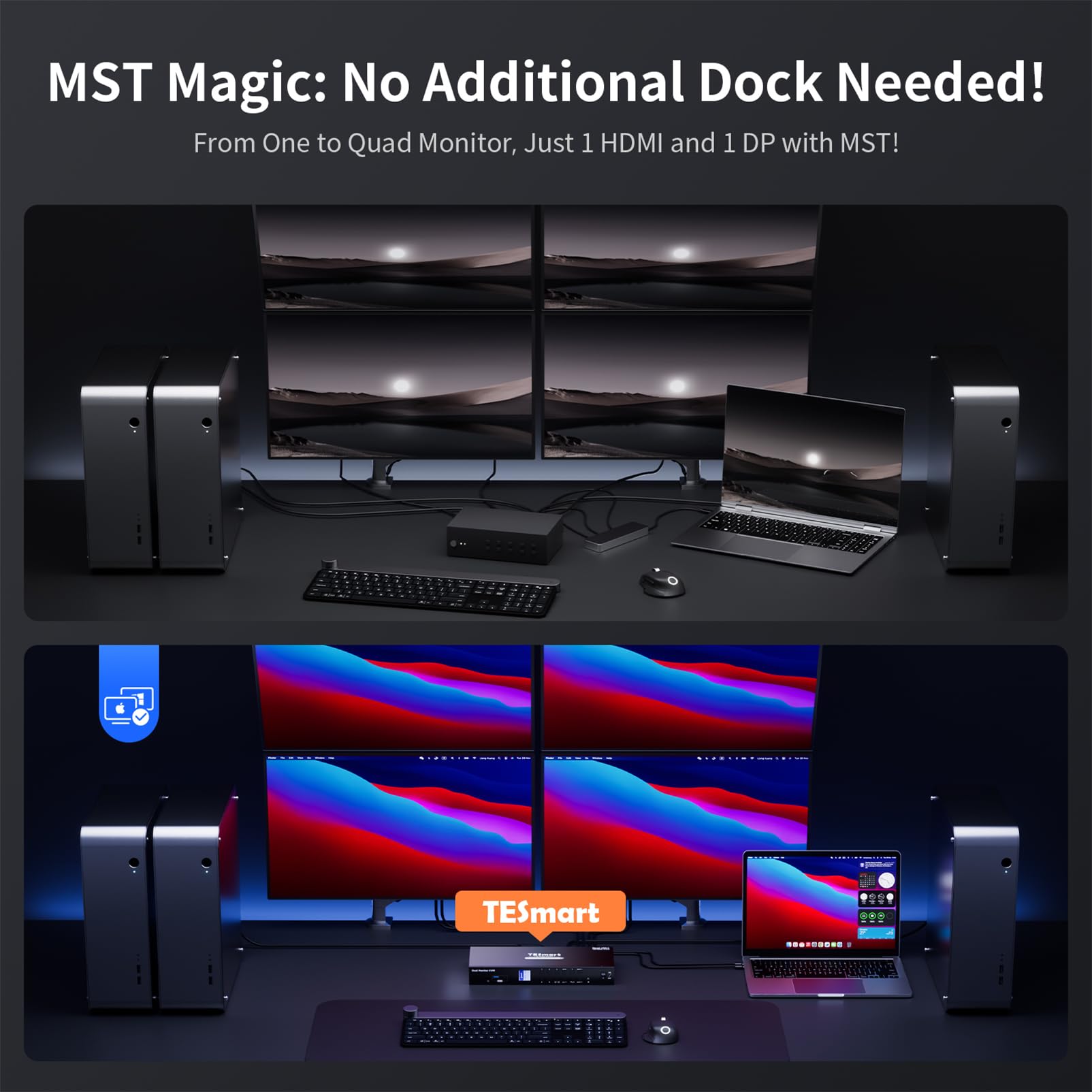 Tesmart Quad Monitor Hdmi+Dp Mst Kvm Switch 4 Monitors 4 Computers 4K@60Hz, Usb 3.0 Kvm Docking Station, Audio&Microphone, Edid