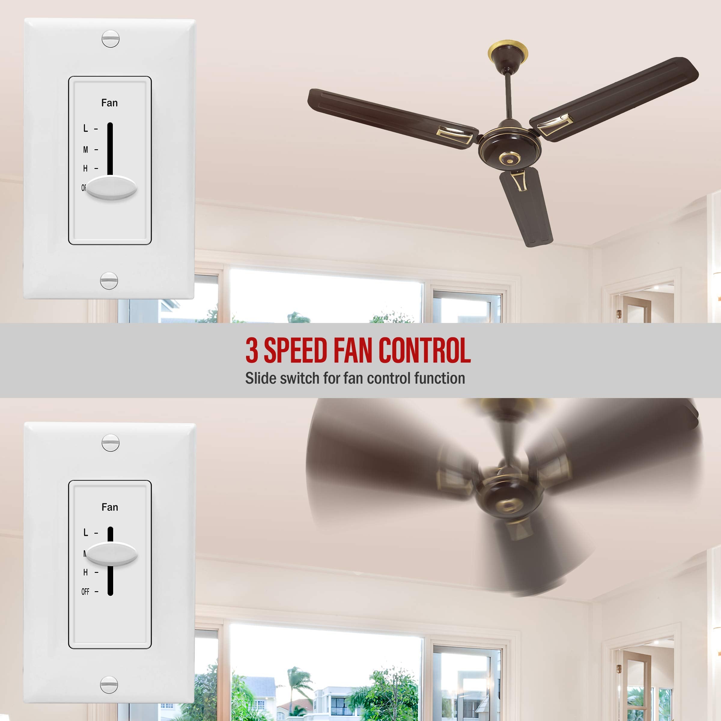 Enerlites 3 Speed Decora In Wall Ceiling Fan Control, Slide Switch, 120Vac, 2.5A, Single Pole, Neutral Wire Not Required, 17000