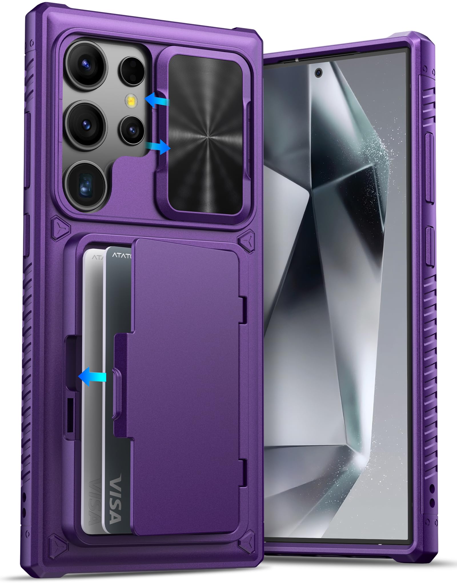Atatoo For Samsung Galaxy S24 Ultra Case With Card Holder (Store 4 5 Cards) & Slide Lens Cover & Stand, [Military Grade Drop Pro