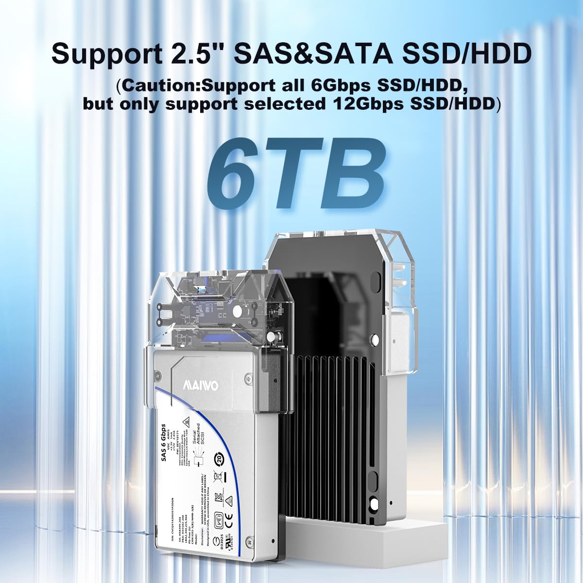 Maiwo Sas To Usb C Adapter Enclosure(Max 6Gbps),Tool Free 2.5 Inch Sas/Sata External Hard Drive Enclosure With 6Tb Storage Expansion,12V3A Power Supply, Plug And Play