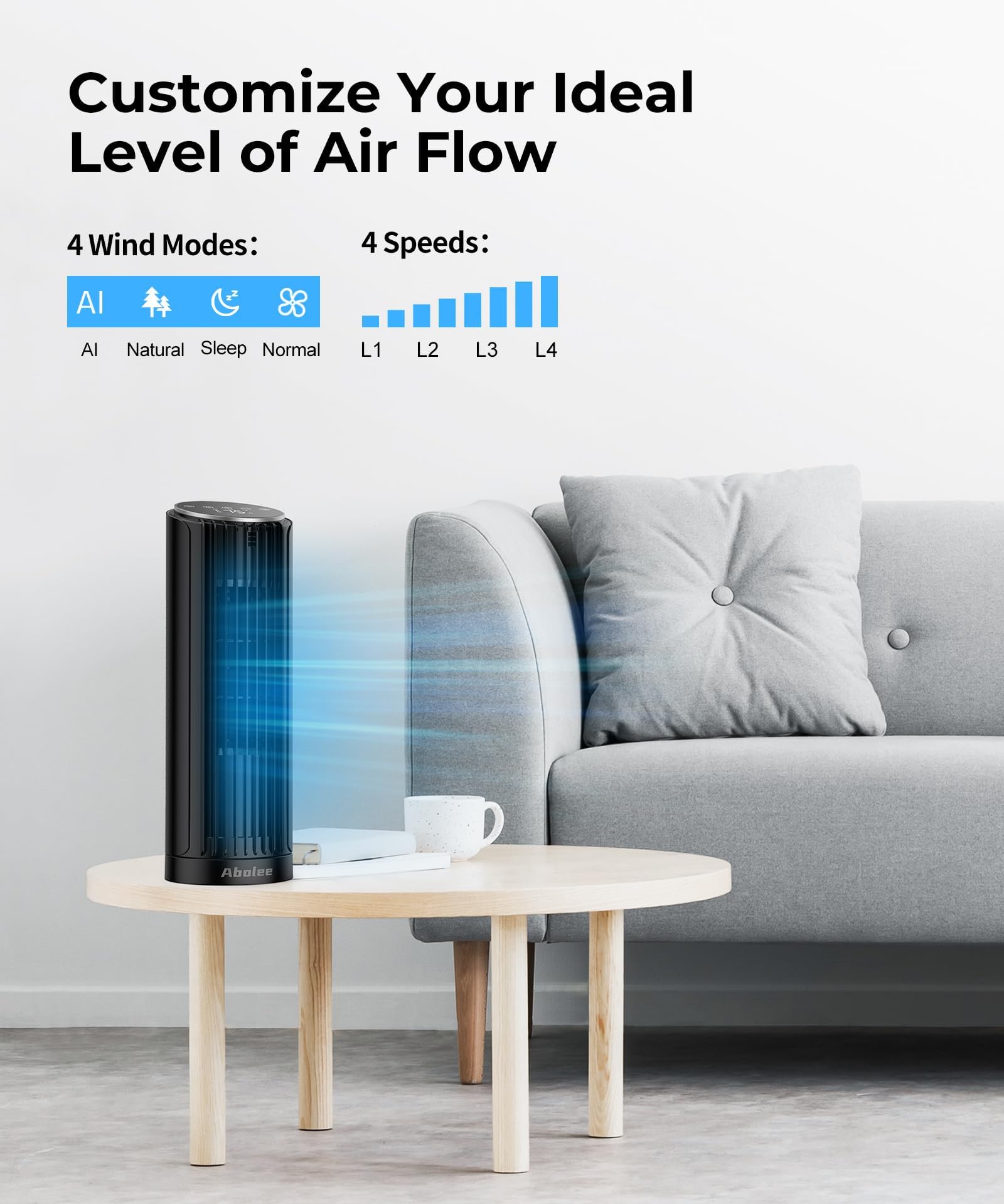 Abolee Tower Fan For Bedroom, 23Ft/S Desk Fan With Remote, 70 Oscillating Desk Fan, 4 Speeds, 4 Modes,12Timer, 2024 New 13'' Bla