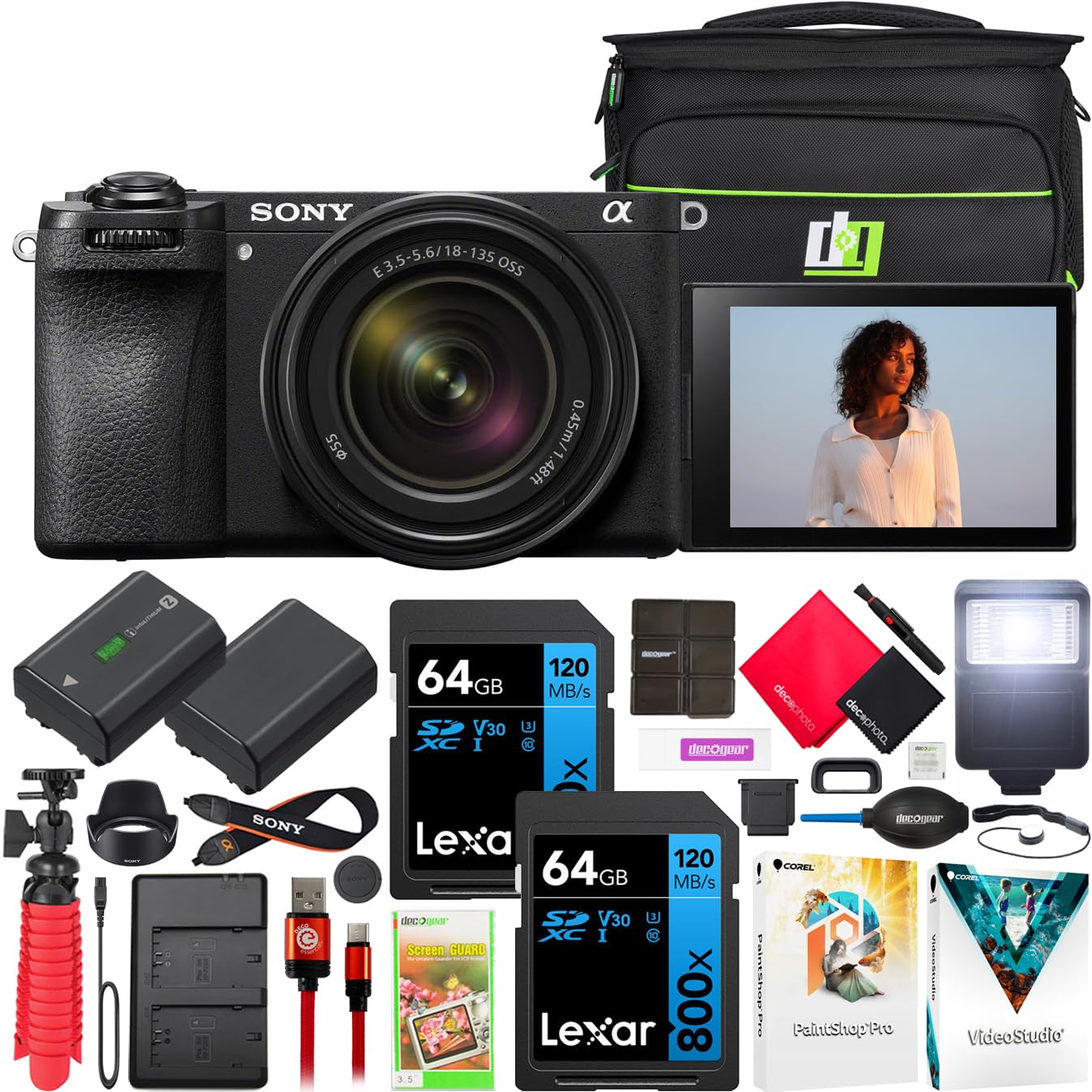 Sony a6700 Alpha APS-C Mirrorless Camera 26MP 4K with 18-135mm Lens Kit ILCE-6700M Bundle with Deco Gear Photography Bag + Flash