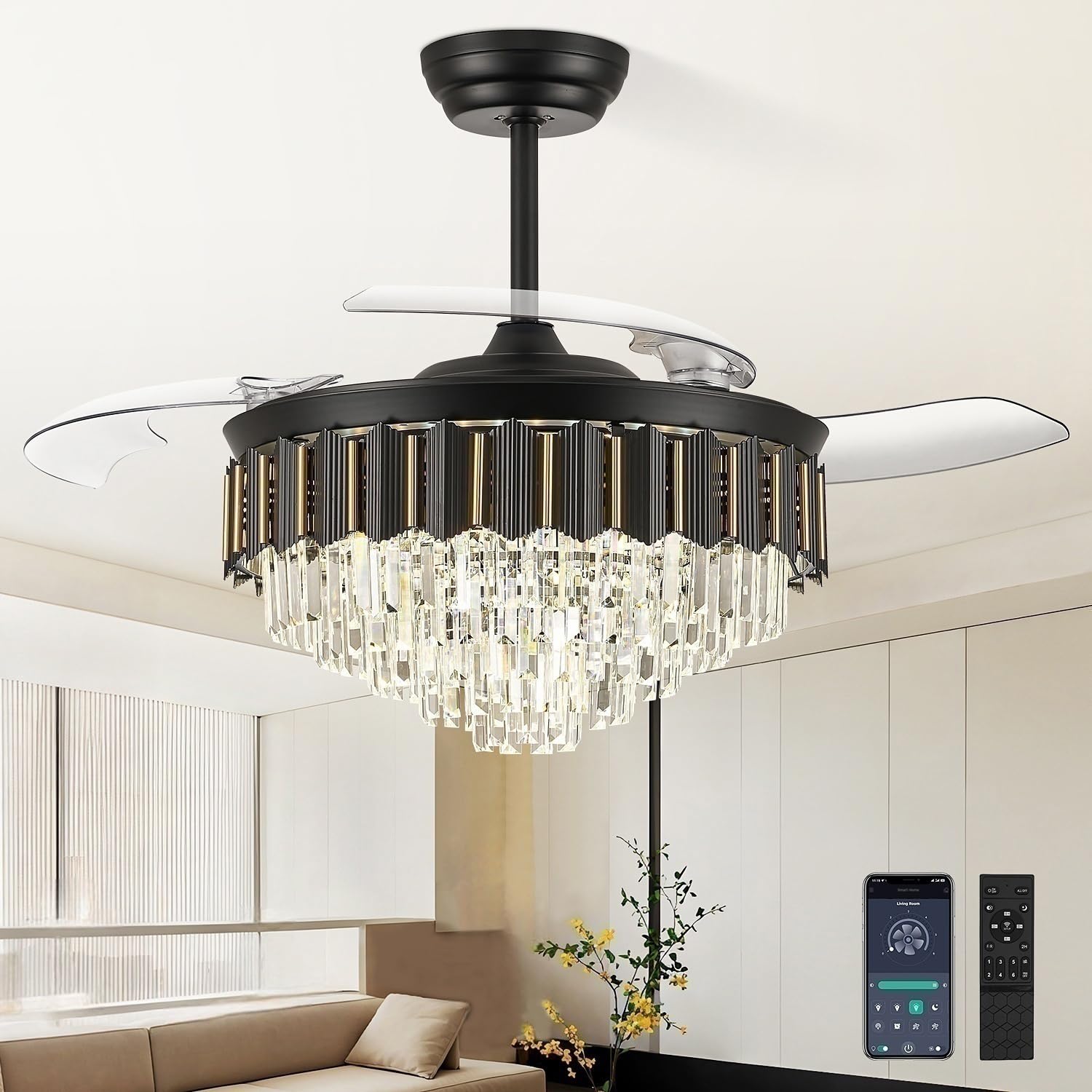 liangeight 52 Inch Chandelier Ceiling Fan, Fandelier Retractable Ceiling Fan for Bedroom Living Room, 3 Color Tempeature, 6-Spee