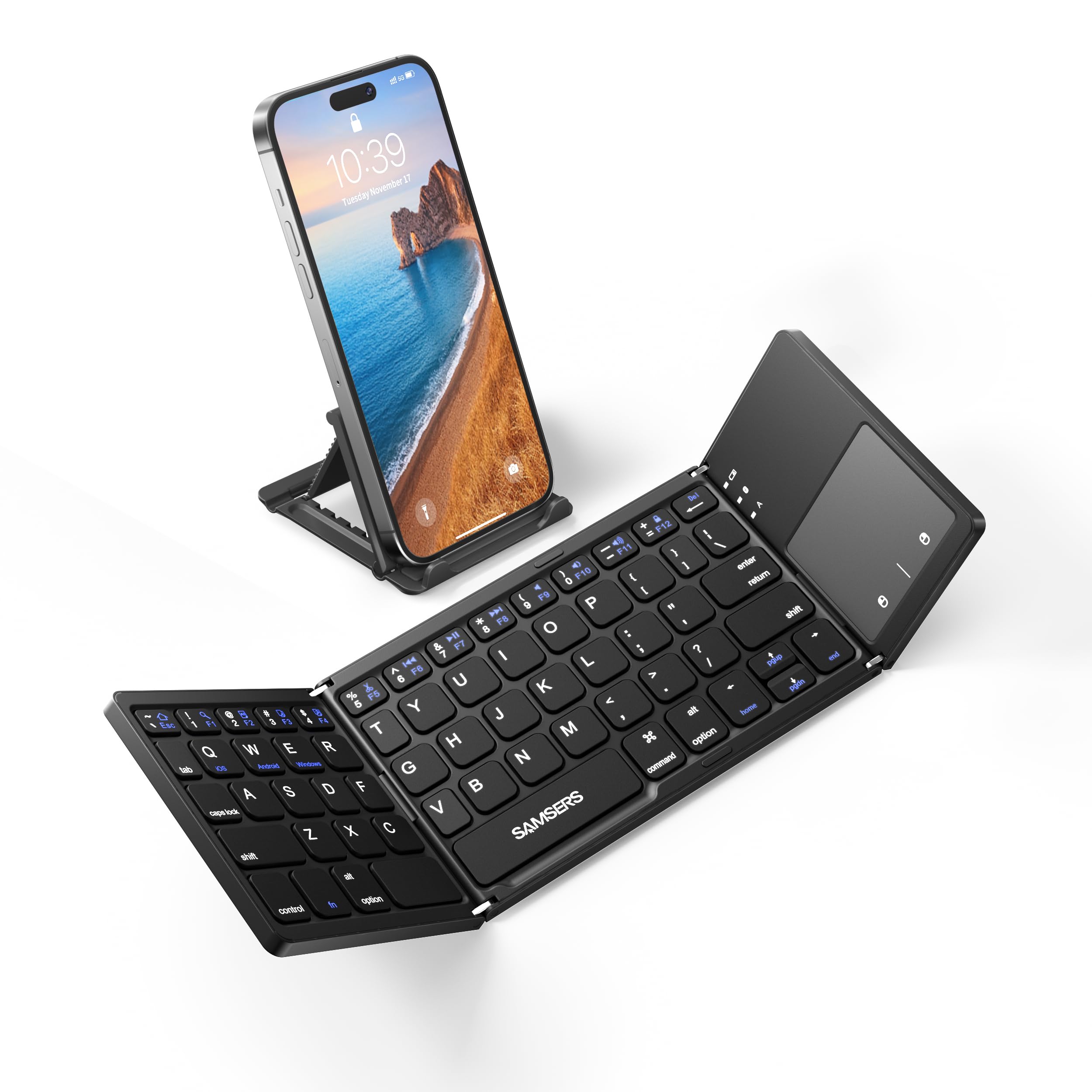 Samsers Foldable Bluetooth Keyboard With Touchpad   Portable Wireless Keyboard With Holder, Rechargeable Full Size Ultra Slim Po