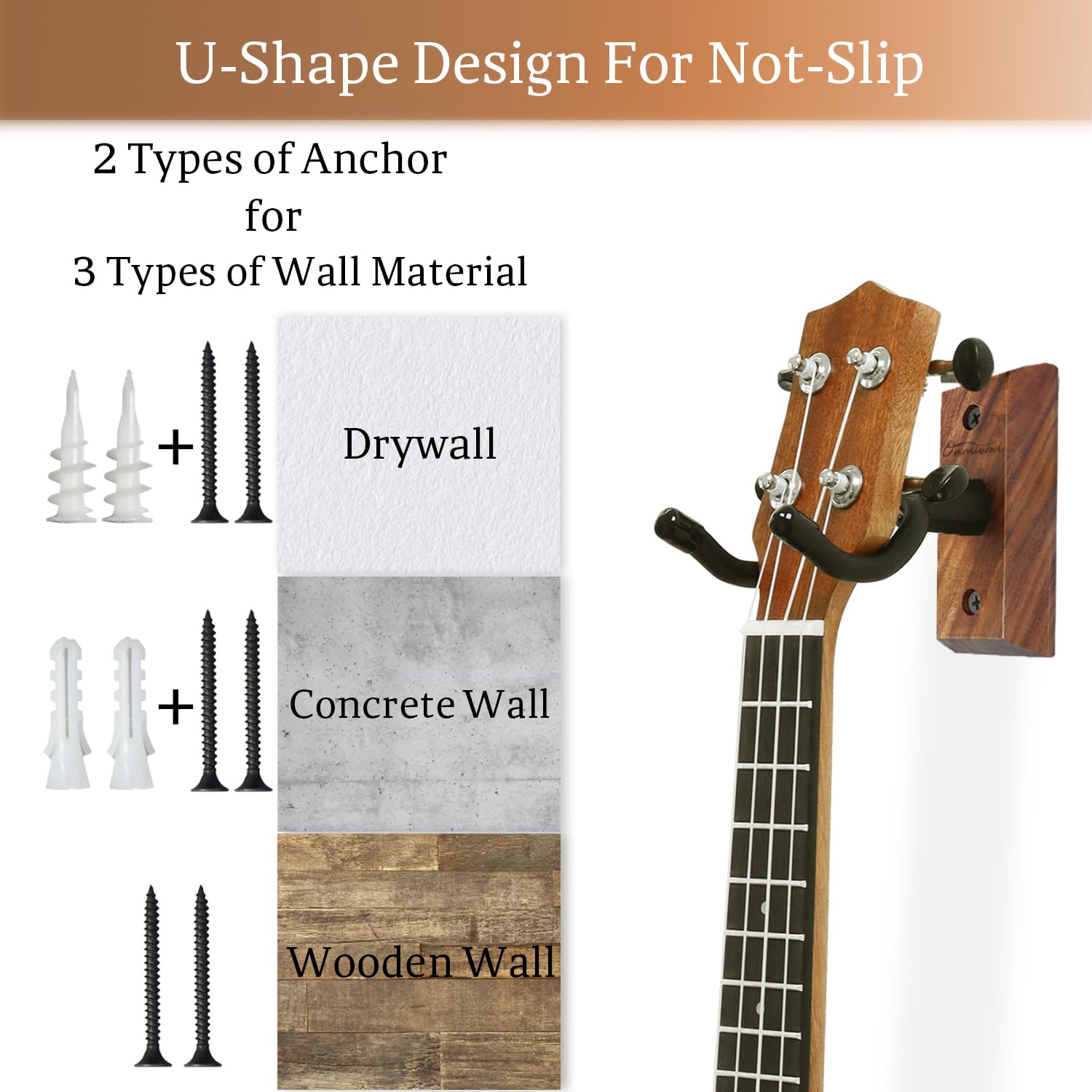 Ukulele Wall Mount Hanger, Black Walnut Wood U Shaped Ukulele Holder Hanger, Ukulele Wall Mount Hook For Ukulele Banjo Mandolin