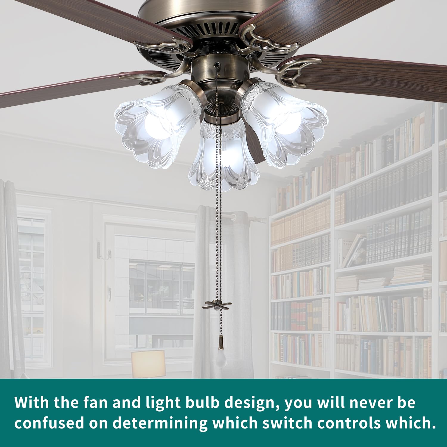 Twlite 52 Inch Indoor Ceiling Fan With Pull-Chain And Three Led Light Bulbs Base, Traditional 3-Speeds Reversible Blades Ceiling