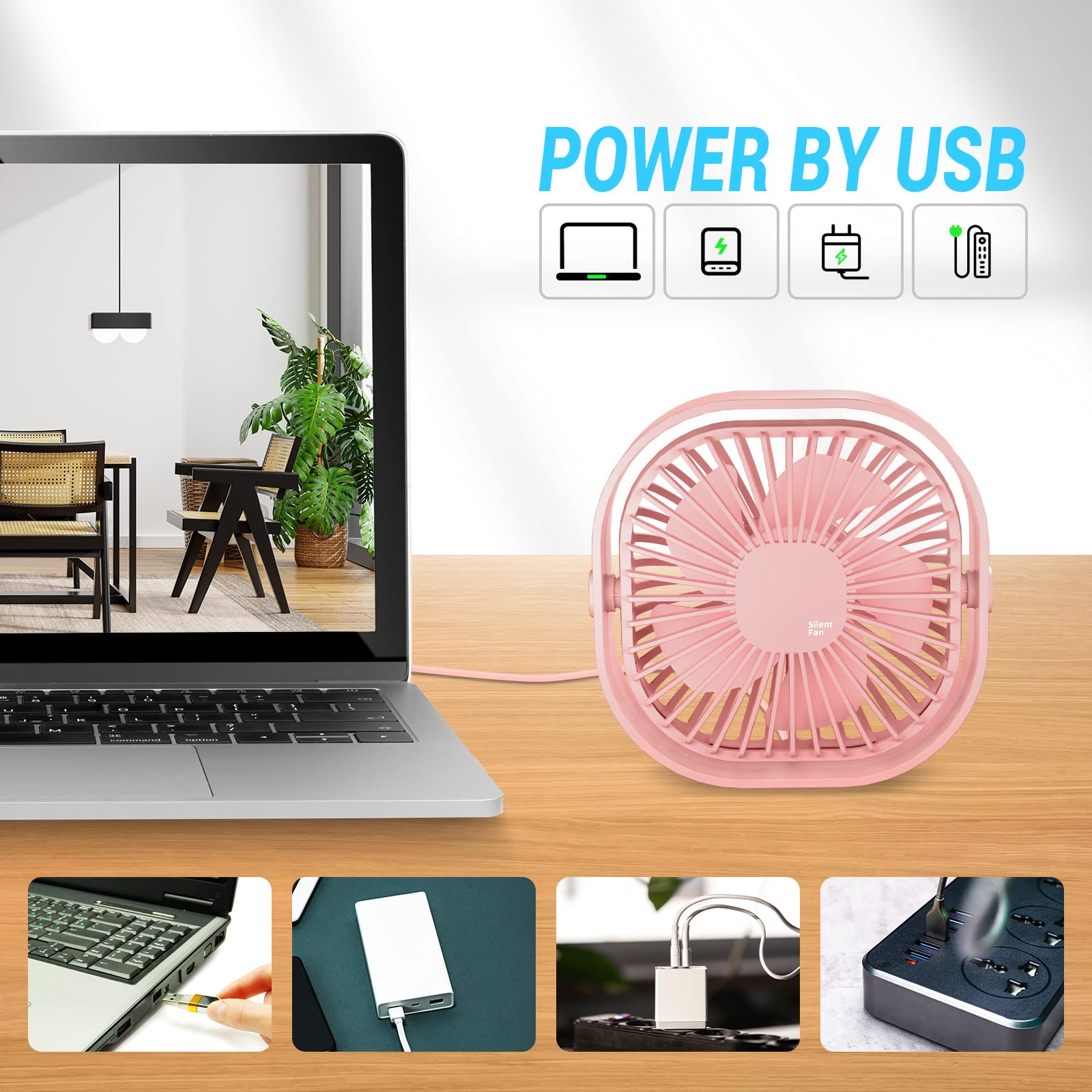 Small Usb Desk Fan, 4 Inch Quiet Mini Table Fan, 3 Speeds Portable Desktop Fan, 360Rotatable Little Personal Fan, Small Cooling