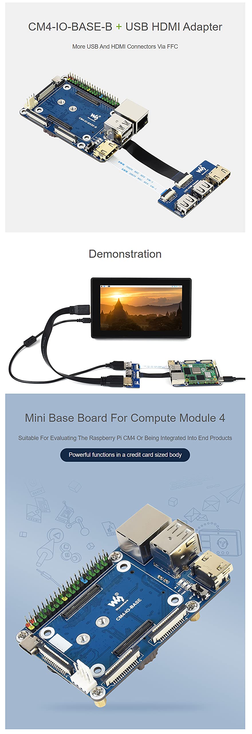 Cm4-Io-Base-B + Usb Hdmi Adapter, For Raspberry Pi Compute Module 4 More Usb And Hdmi Connectors Via Ffc