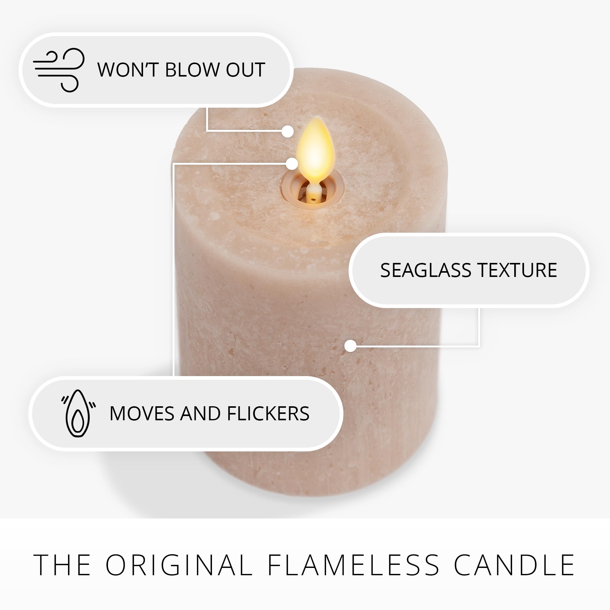 Luminara Sea Glass Flameless Candle, Timeless Taupe 3'' X 4.5'', Moving Led Flame Pillar With Timer, Battery Operated, Real Wax,