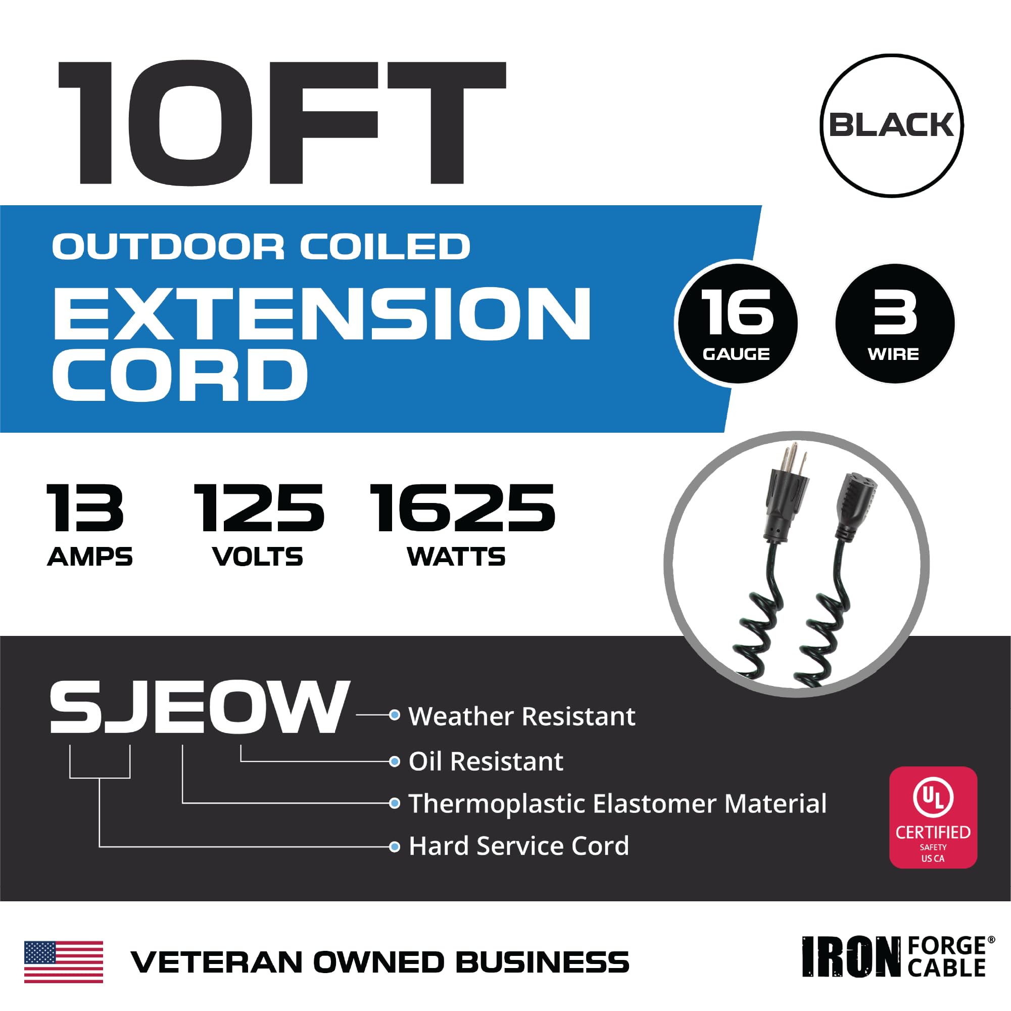 Iron Forge Cable Sjeow Black Outdoor Coiled Extension Cord 10 Ft,13 Amp Oil Resistant & Flame Retardant 3 Prong Coiled Electrica