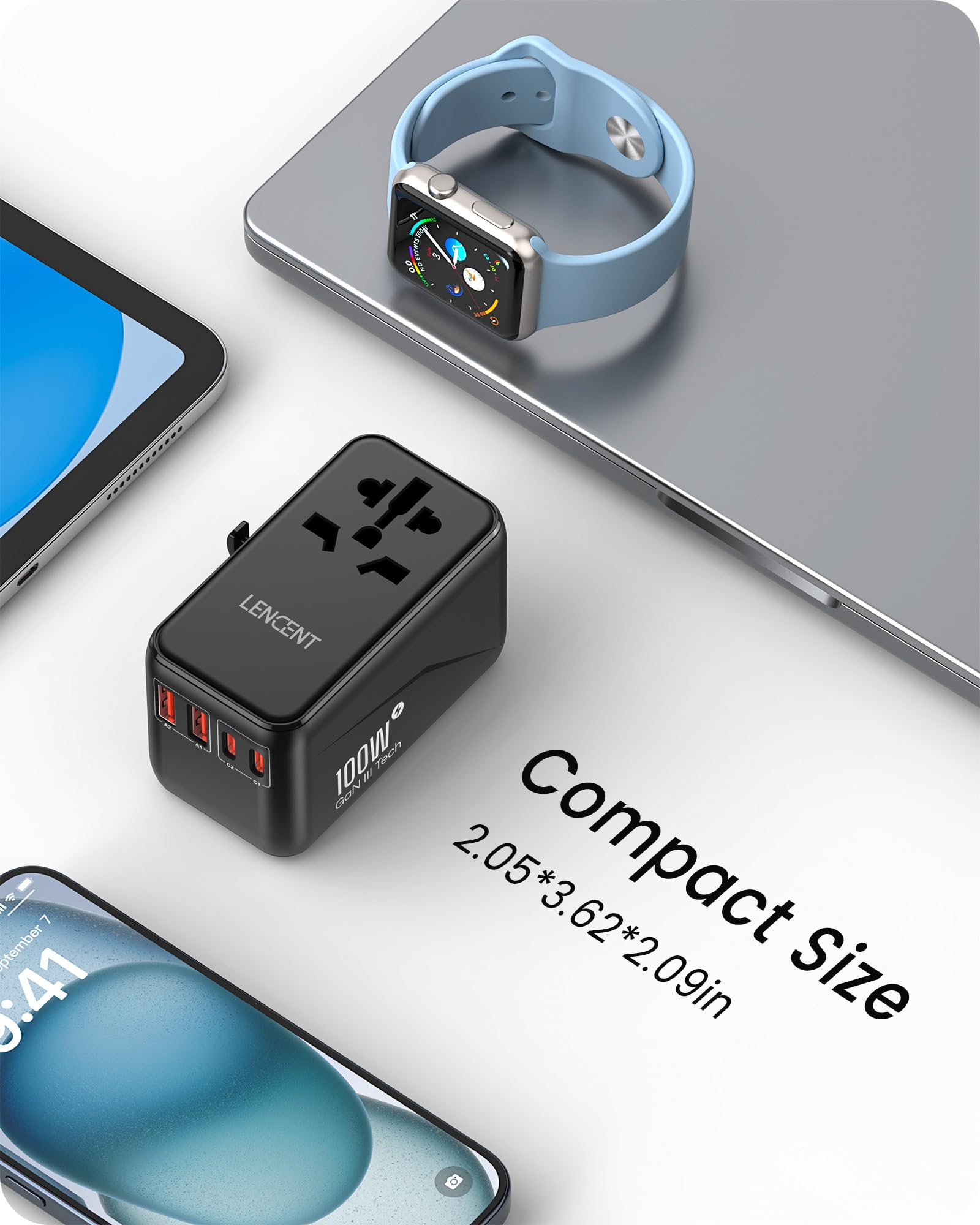 Lencent Universal Travel Adapter, 100W Gan3 International Adaptor With 2 Qc4.0 Usb A+2 Pd3.0 Type C Pps Fast Charging, Worldwide