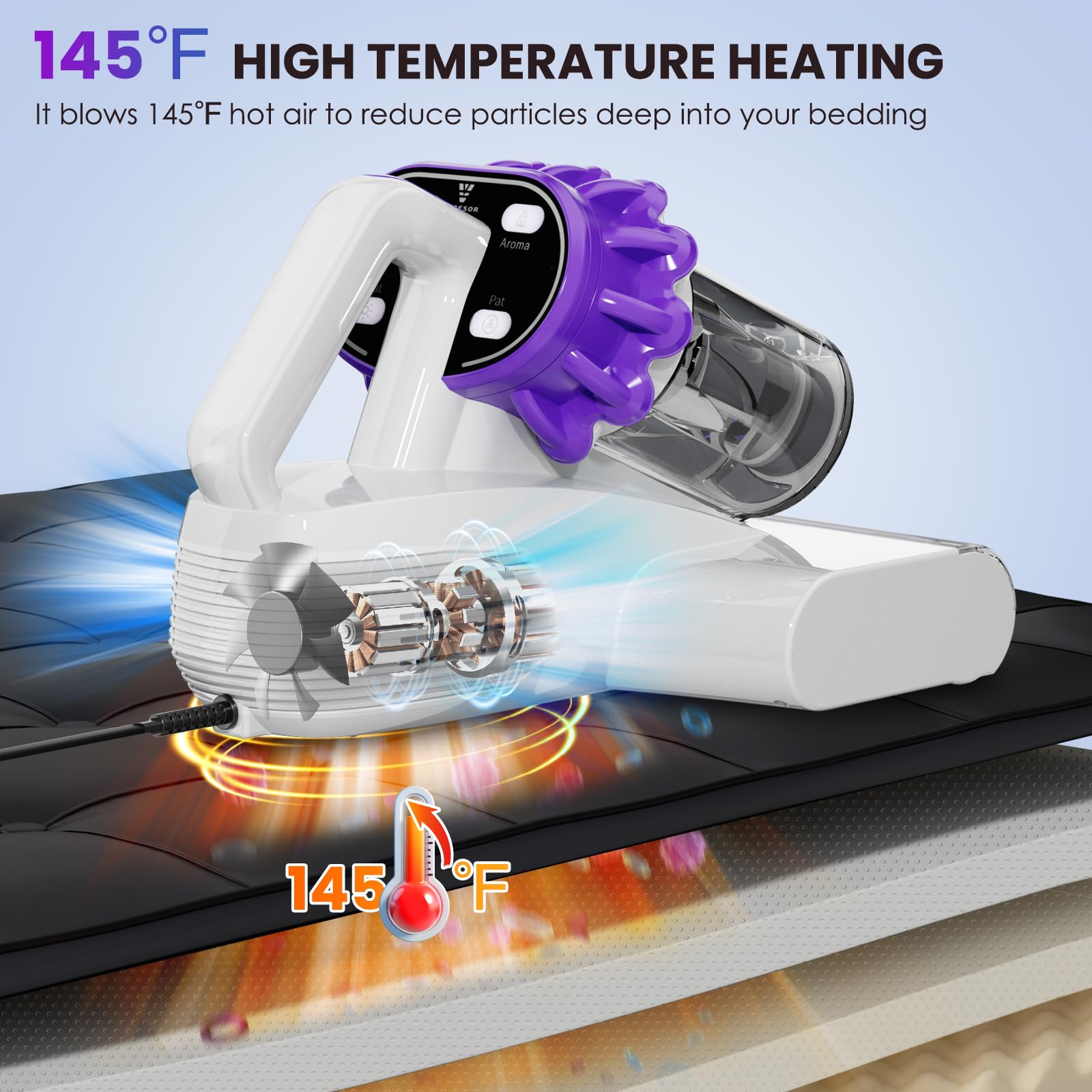 Vocesor Mattress Vacuum Cleaner, Anti Allergen Bed Vacuum Cleaner With Uv C Light & High Heating Tech, 16Kpa Suction 600W Powerf