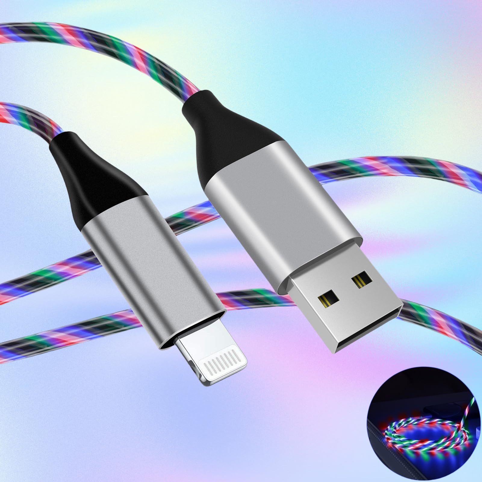 Light Up Iphone Charger Cable Led Iphone Charger Cord Apple Mfi Certified Cool Usb Fast Charging For Iphone 14 13 12 11 Pro Max Xr X Se 8 Plus Ipad Ipod Touch More (Multicolor, 6 Ft)