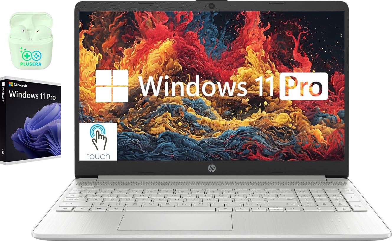 HP 15.6' Touchscreen Laptop Computer, Windows 11 Pro Laptop 32GB RAM 1TB SSD, i3 1215U Processor, HD 1366 x 768 LED Display, Numeric Keypad, SD Card Reader, HDMI, Plusera Earphone, Silver