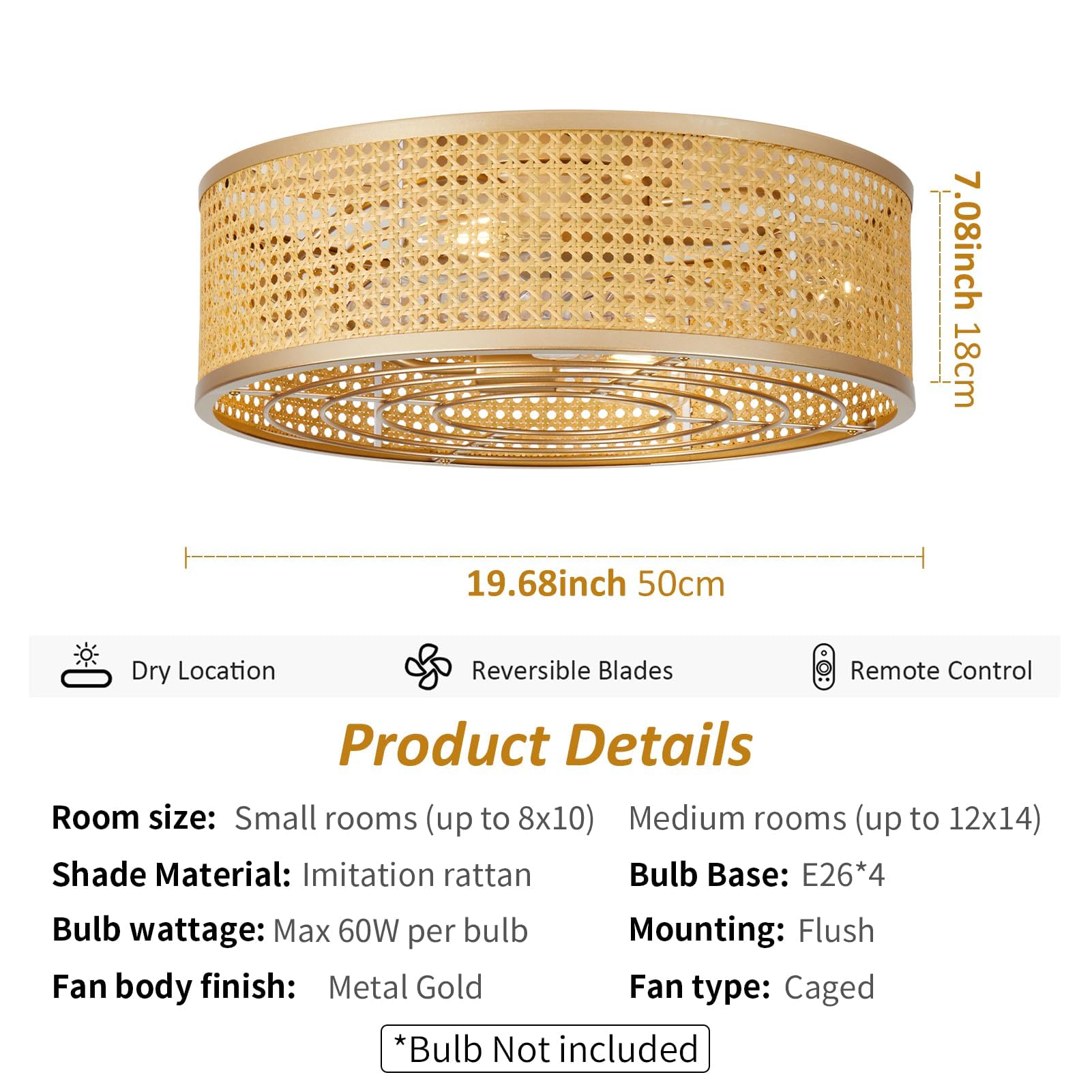 Ainqiant Boho Caged Ceiling Fan With Light, 20'' Rattan Flush Mount Ceiling Fan With Light And Remote Control For Bedroom Kitche