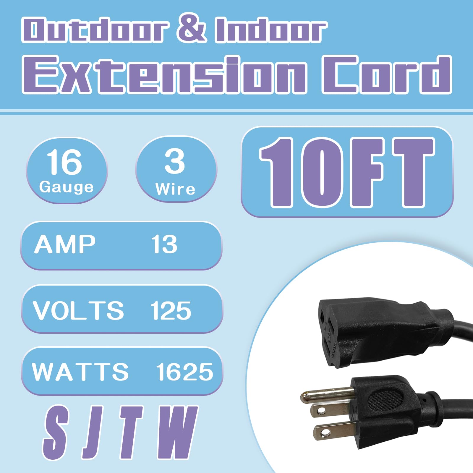 Greatide Indoor Outdoor Extension Cord 10 Ft, 16/3 Sjtw Weatherproof Black Electrical Cords, 13 Amp Heavy Duty 3 Prong Power Cab