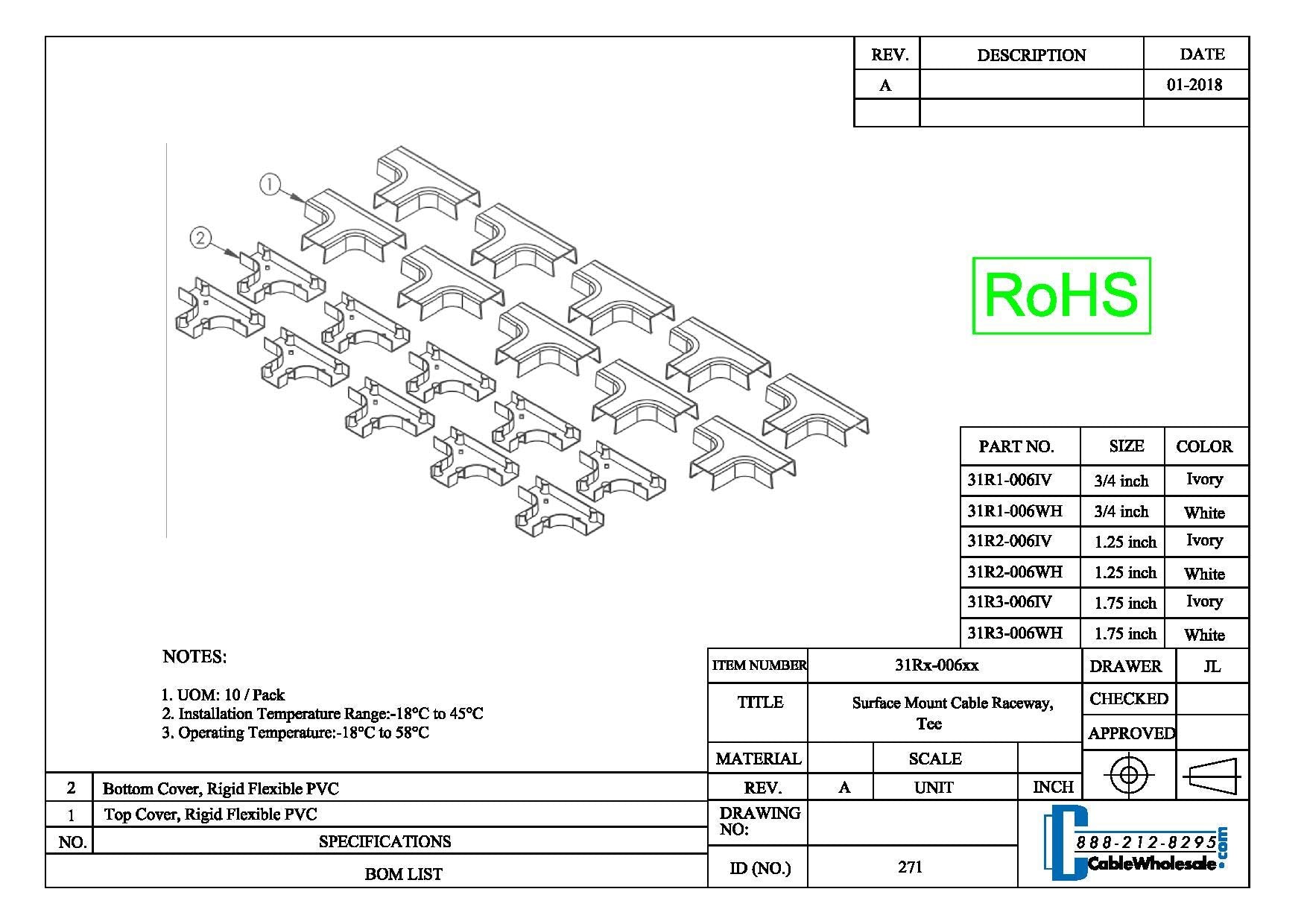 Cord Cover Cable Raceway, 1.25 Inch Surface Mount Cable Raceway Tee On Wall Cord Concealer (Junctions 3 Raceway Runs), Cord Orga