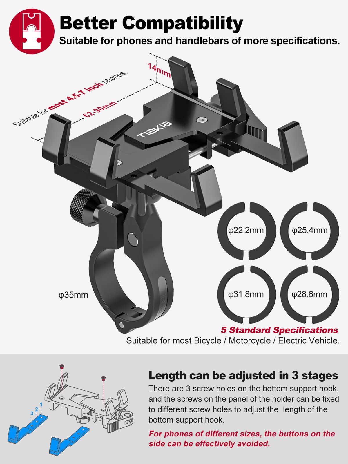 Tiakia 2022 Bike Phone Mount Holder, Aluminum Motorcycle Phone Mount , Handlebar Mounted Cell Phone Holder For Bike, 360