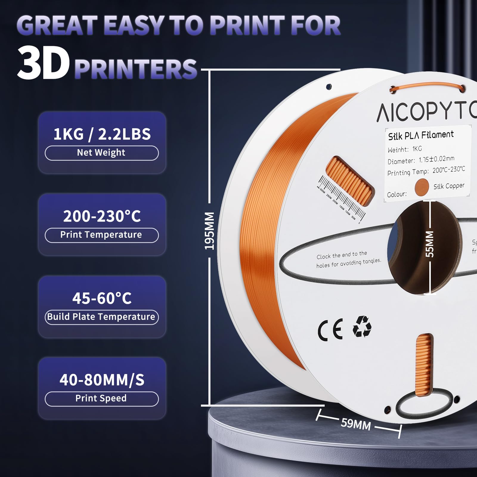 Aicopyto Silk Copper Pla Filament 1.75Mm, 3D Printer Filament Silk Pla Copper 1Kg Spool (2.2Lbs) Dimensional Accuracy Probabilit