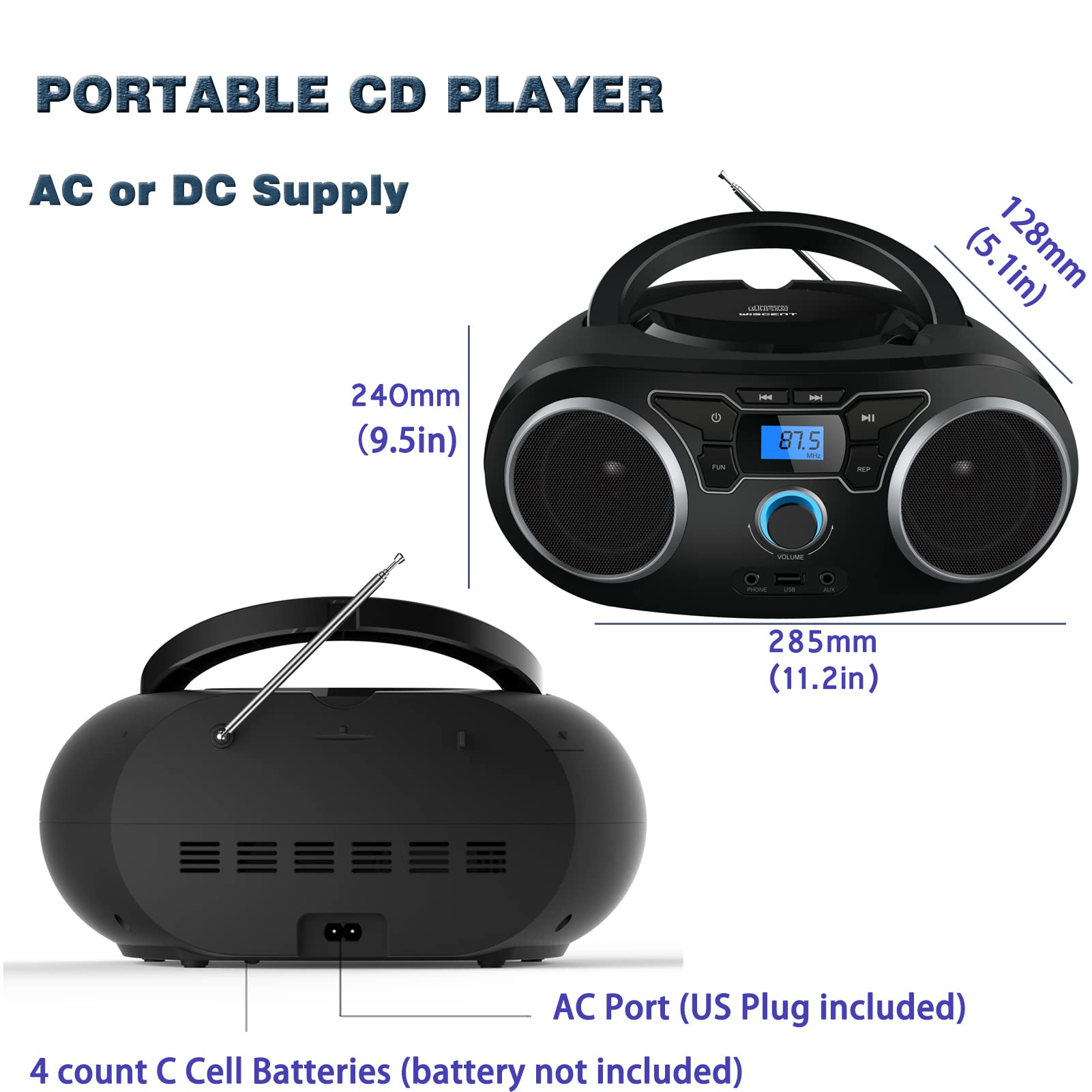 Portable Radio Cd Player Boombox With Bluetooth & Fm Radio, Usb Port, Aux Input, Headphone Jack,Compact Cd Player Radio Stereo S