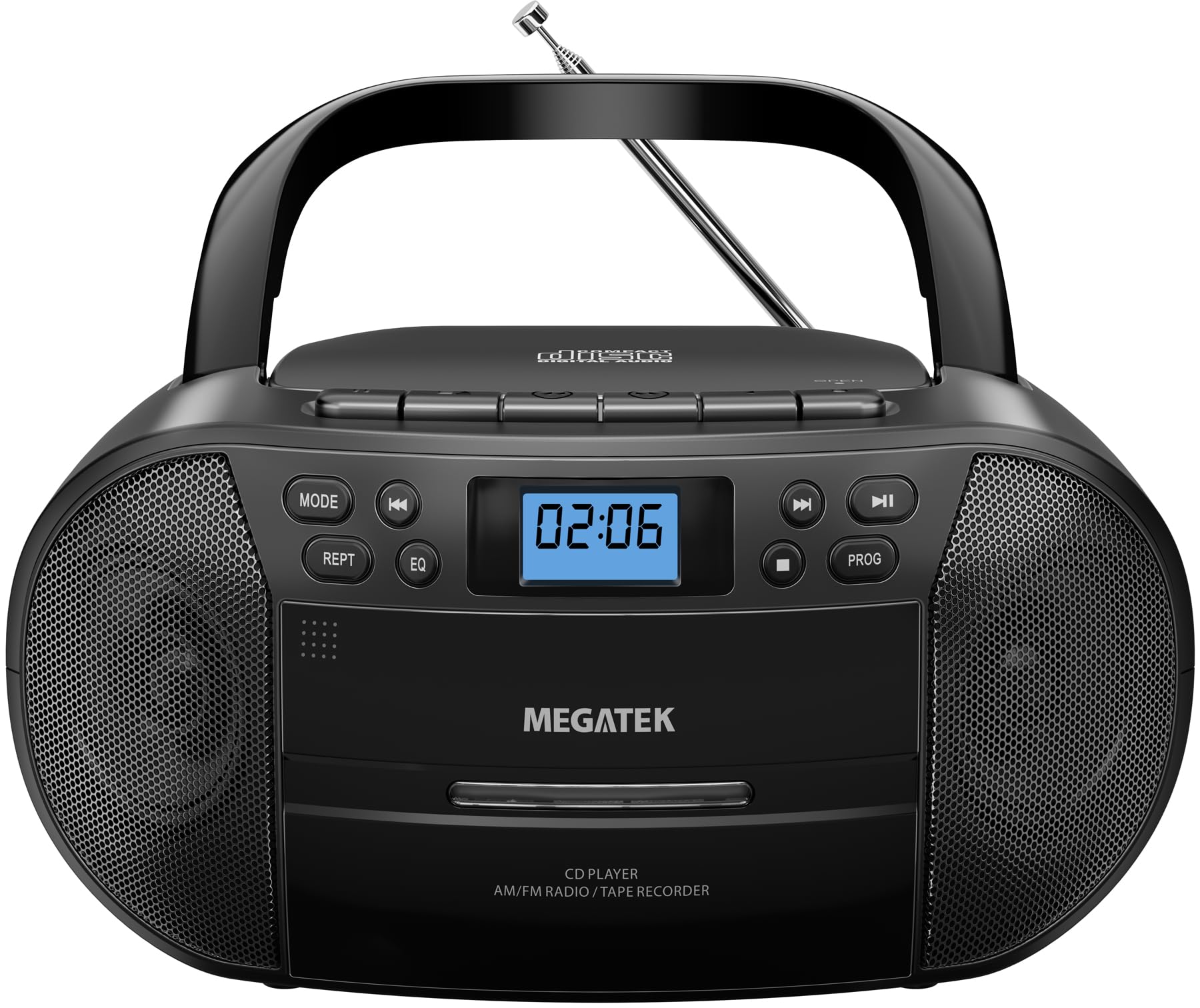 MEGATEK CBR510 Portable CD/Cassette Player Boombox with Bluetooth, AM/FM Radio, USB Playback, AUX Input, Headphone Jack, LCD Dis