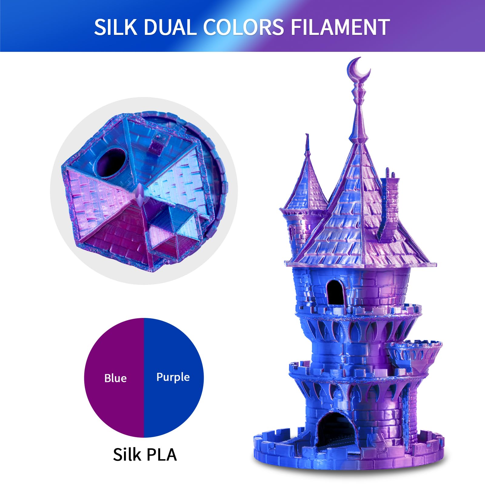 Eryone Silk Dual Color Filament Pla 3D Printer 1.75Mm +/  0.03Mm, Coextrusion Filament Pla Shiny Filament 1Kg(2.2Lbs), Purple&Bl
