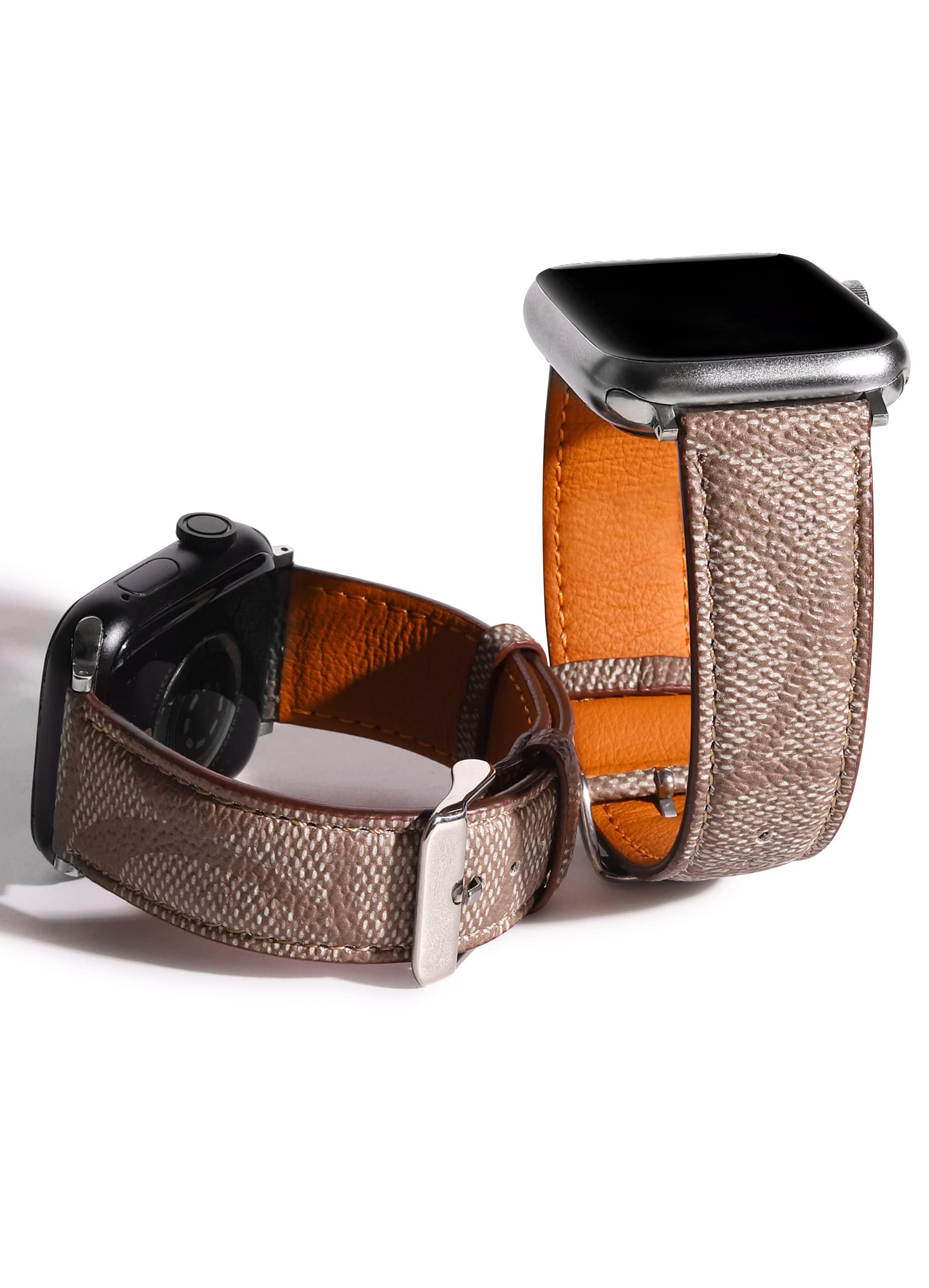 Smarwiss Designer Luxury Band Compatible With Apple Watch 41Mm 40Mm 38Mm, Khaki C Elements Soft Leather Iwatch Band With Classic