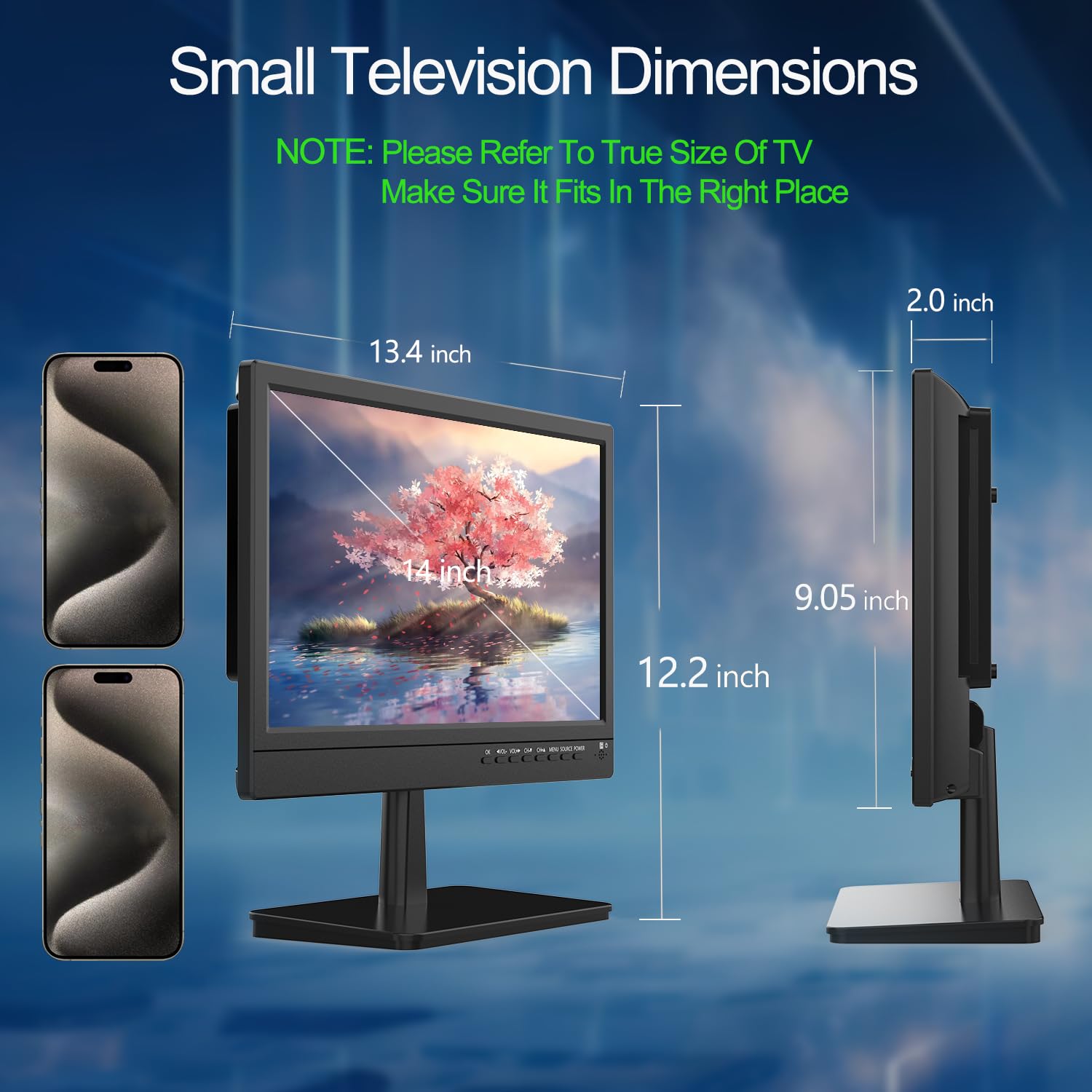 Feihe 14 Inch Small Flat Screen Kitchen Tv With Antenna Atsc Tuner/Usb/Hdmi/Av/Vga, Built In Tv Stand And Remote Control For Car