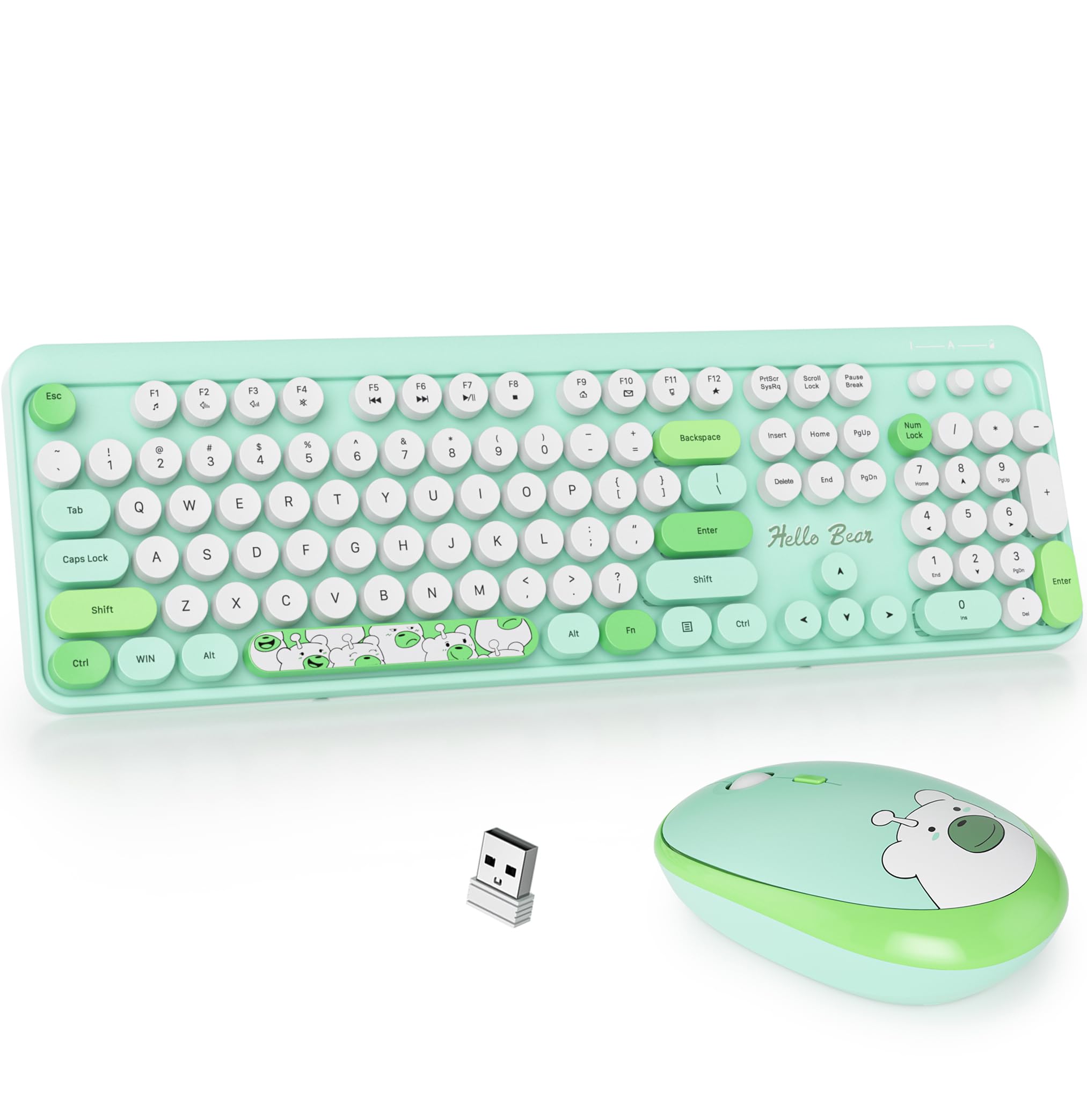Gtsp Green Typewriter Wireless Keyboard And Mouse, Office Full Sized Colorful Keyboard 2.4G Cute Aesthetic Keyboard For Computer