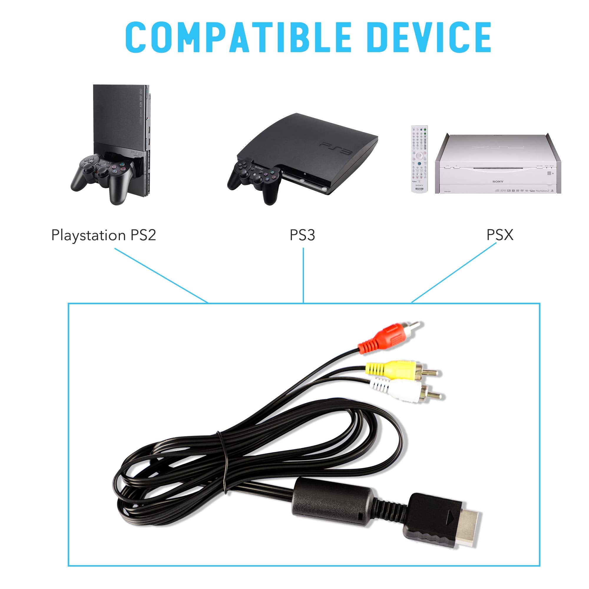 6Ft Av Cable For Ps2 Ps1 Ps3, Av To Rca Composite Audio Video Tv Cord Compatible With Playstation 1 2 3