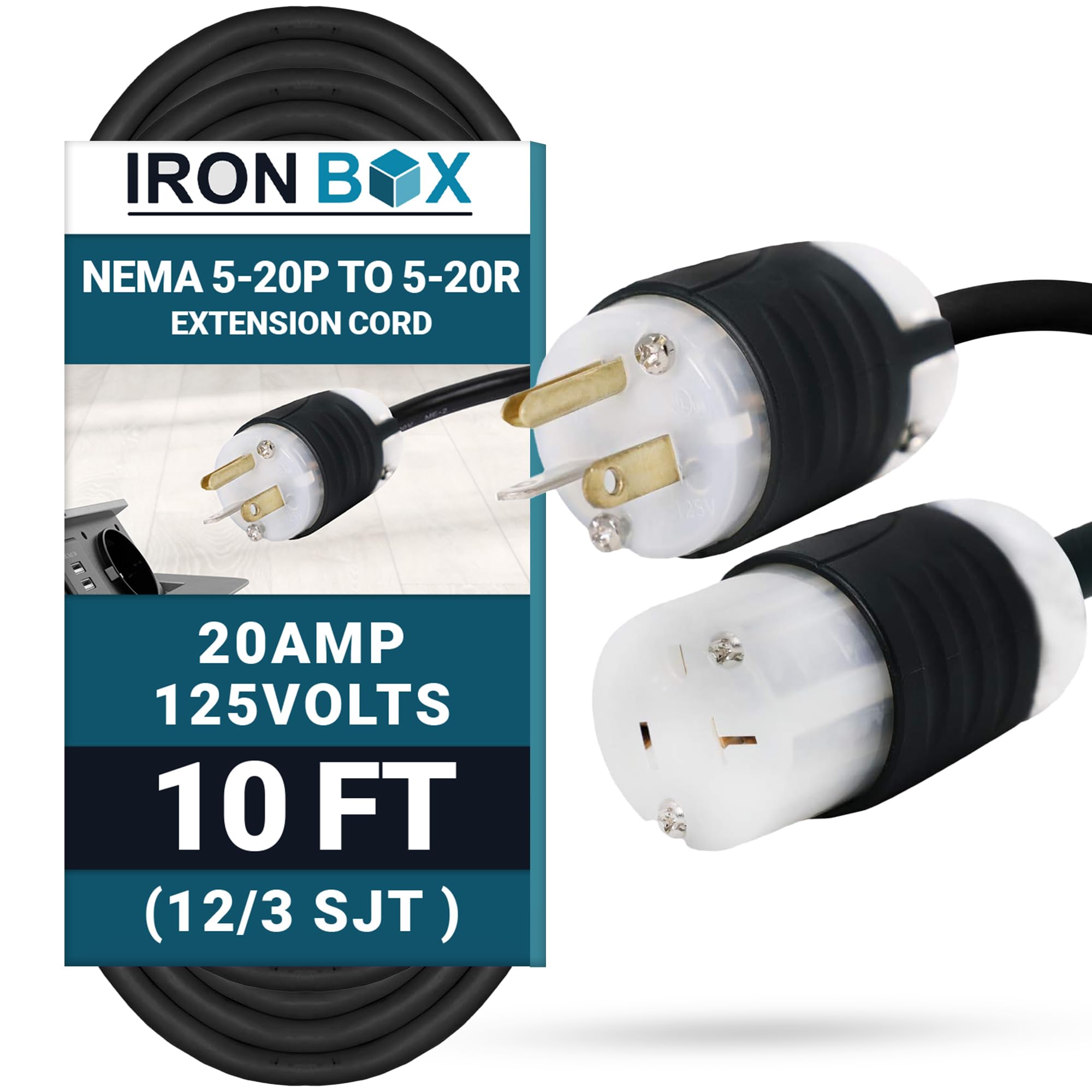 Ironbox Electric Nema 5 20P To 5 20R Extension Cord   20A, 125V, 12/3 Sjt   Heavy Duty Outdoor Generator Cords & Plugs   Ul Listed Extension Cable For Data Centers, Camper & More (10 Ft, Custom Built)