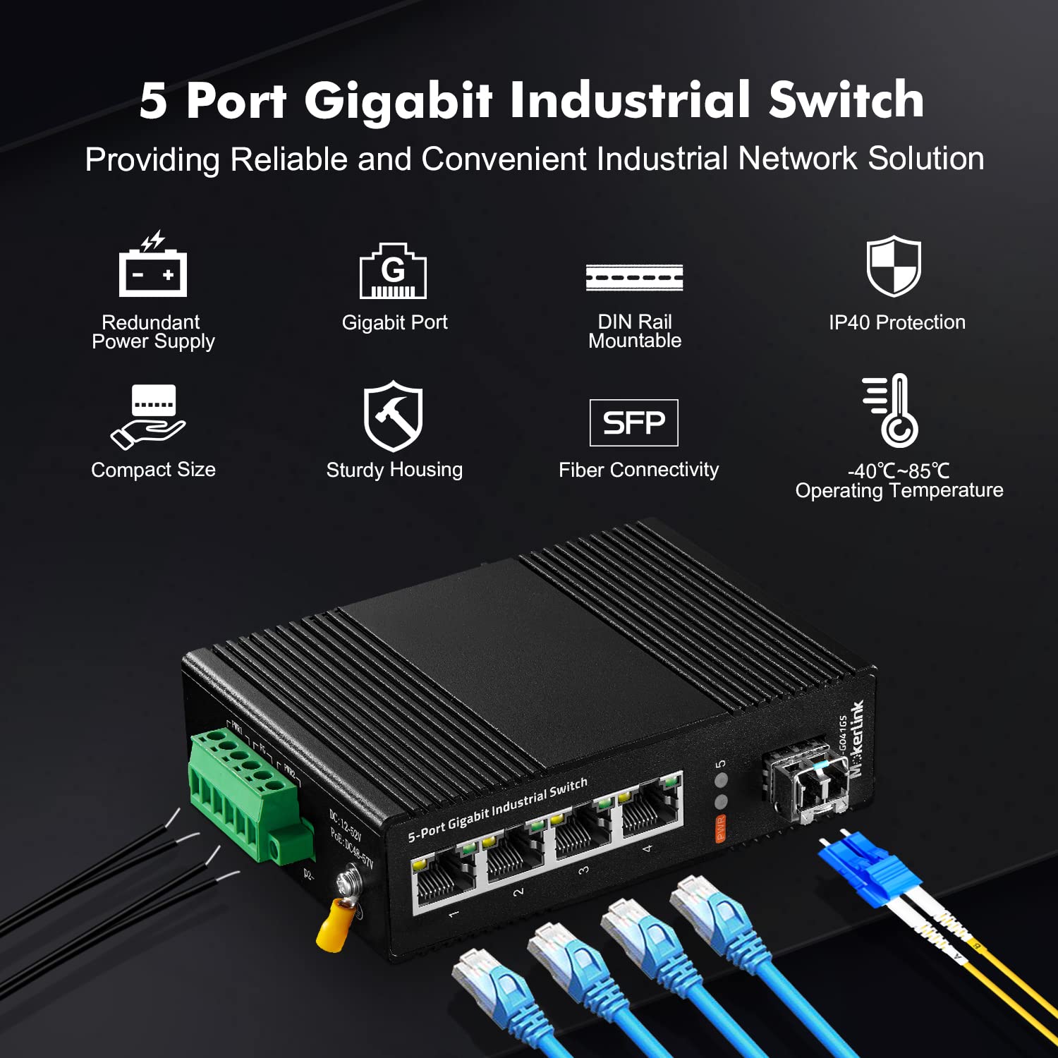 Mokerlink 5 Port Gigabit Industrial Din Rail Network Switch, 4 Gigabit Ethernet, 1 Gigabit Sfp, 14Gbps Switching Capacity, Ip40