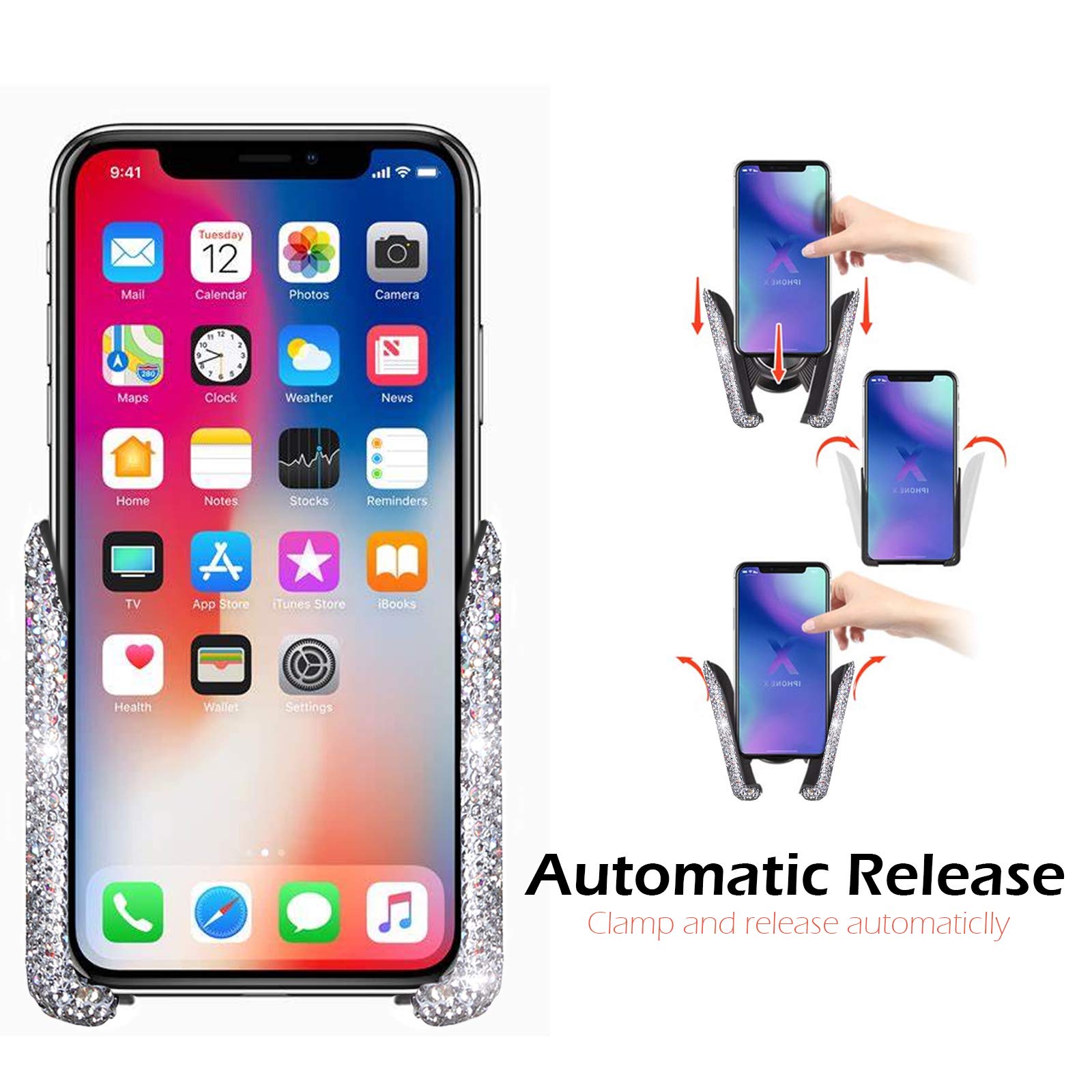 Keepfine Bling Crystal Car Phone Mount With Free Glasses Holders For Car Sun Visor,Universal Cell Phone Holder For Dashboard,Win