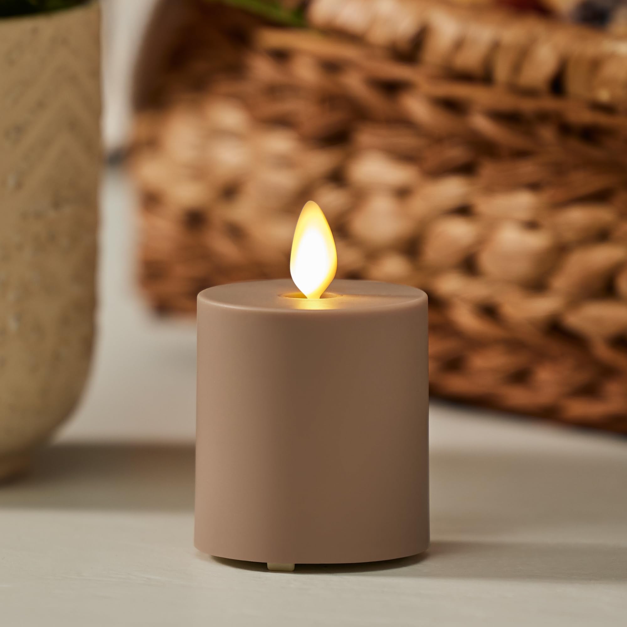 Luminara Outdoor Votive Flameless Led Candle, Timeless Taupe 2'' X 3.2'', Moving Flame Battery Operated Timer Remote Ready Ipx4