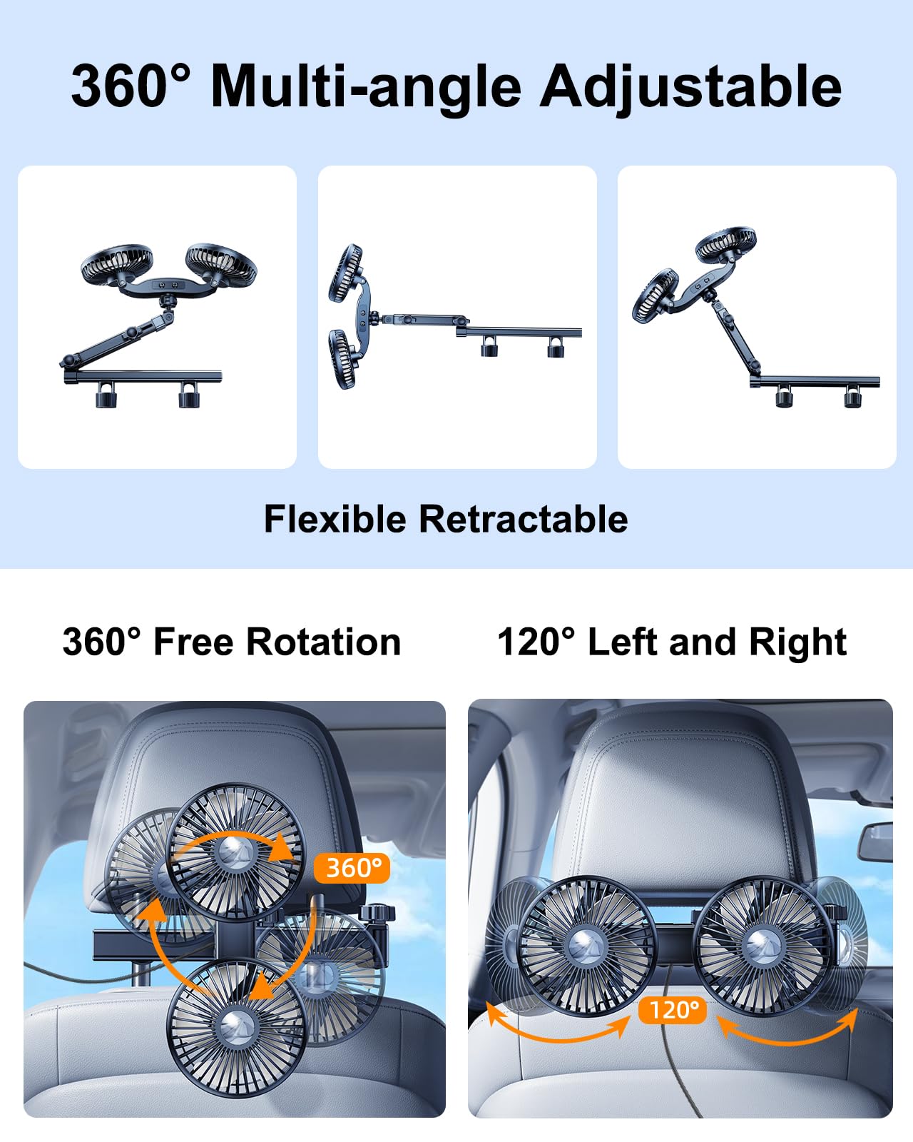 Dicmky Dual Head Car Cooling Fan For Back Seat With Extension Long Arm, 5V Usb Powered Car Seat Headrest Fan For Baby Rear Facin
