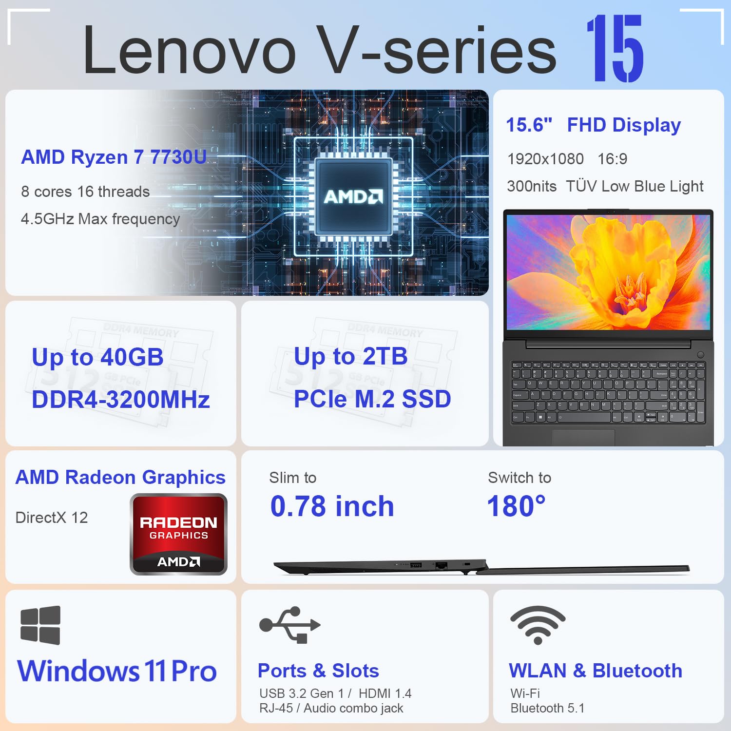 Lenovo V15 Laptop | 15.6 Fhd Anti-Glare Display | Amd Ryzen 7 7730U | 16Gb Ram | 512Gb Pcie Ssd | Hdmi | Type-C | Webcam | Wi-Fi