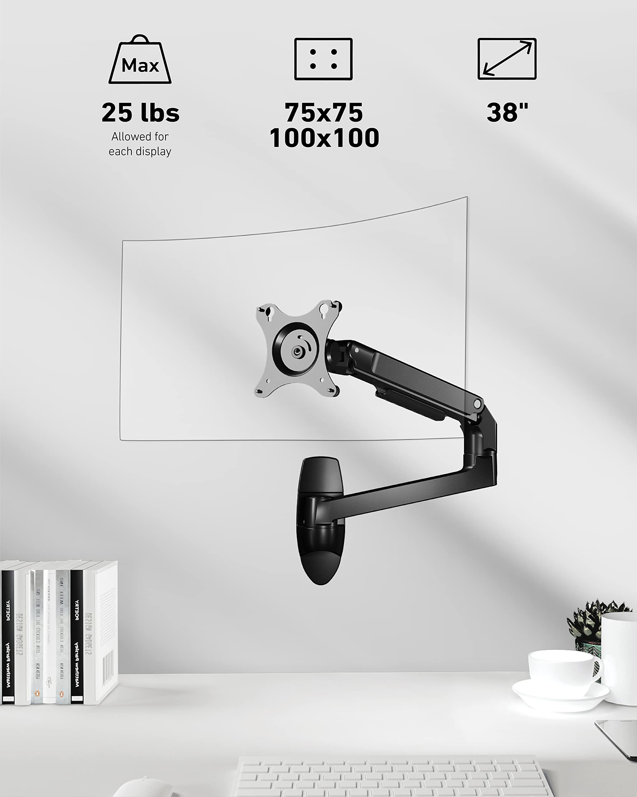 Ergounion Single Monitor Wall Mount For Flat/Curved Monitors Up To 38'' Within 25Lbs, Full Motion Adjustable Wall Mount Monitor