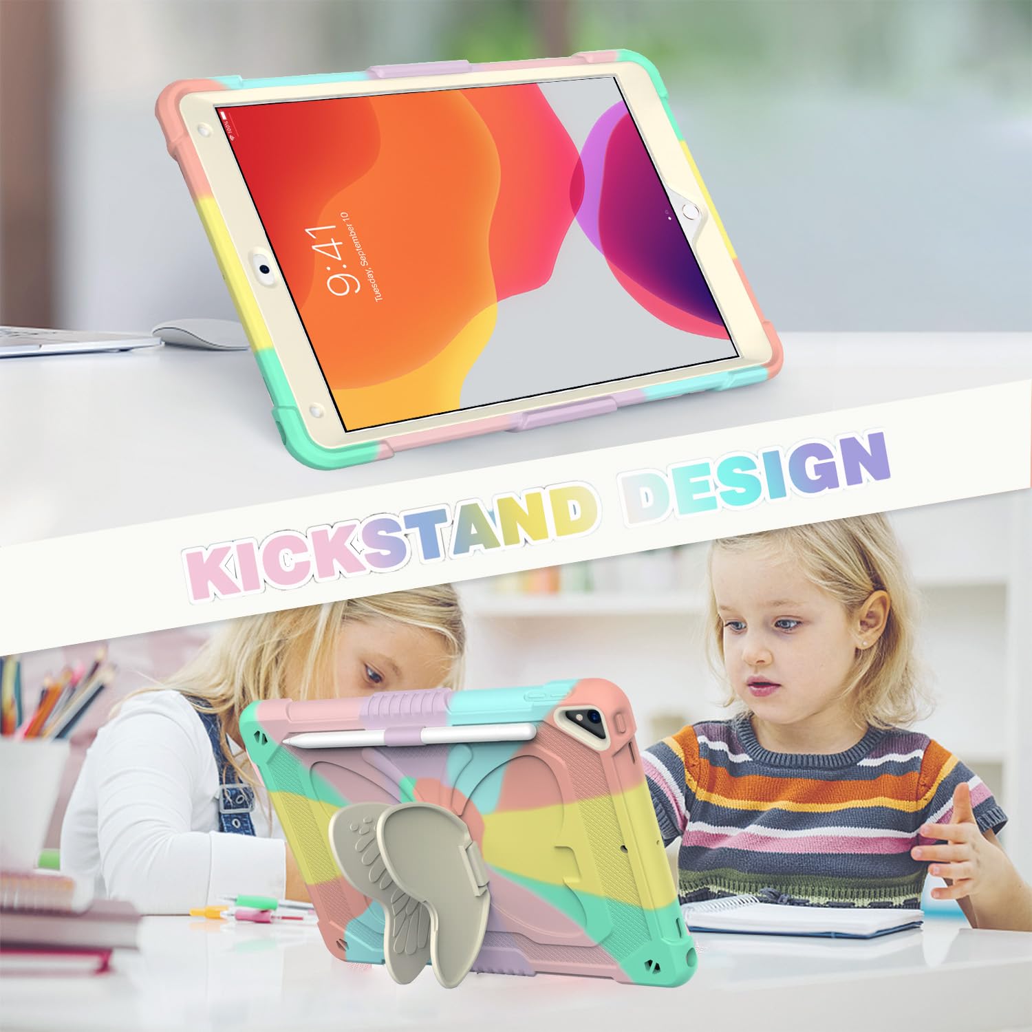 Blosomeet Pink Kids Case For Ipad 9Th/8Th/7Th Generation 2021/2020/2019 10.2 Inch With Tempered Glass Screen Protector & Butterf