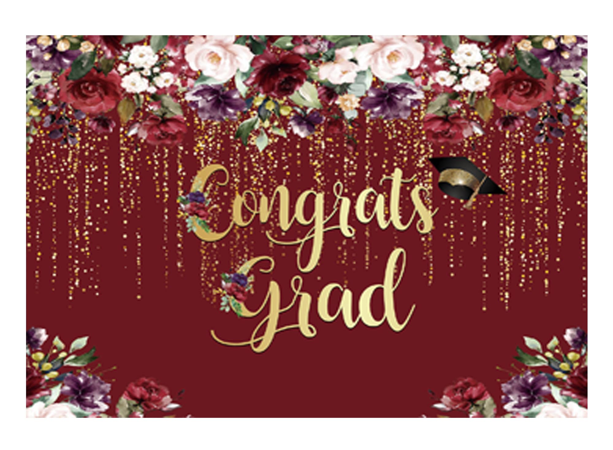 Funnytree 82' X 59' Congrats Grad Party Backdrop Class Of 2024 Burgundy Red Flowers Golden Glitter Photography Graduation Background Women Lady Girl Congratulate Prom Decorations Banner Photo Booth