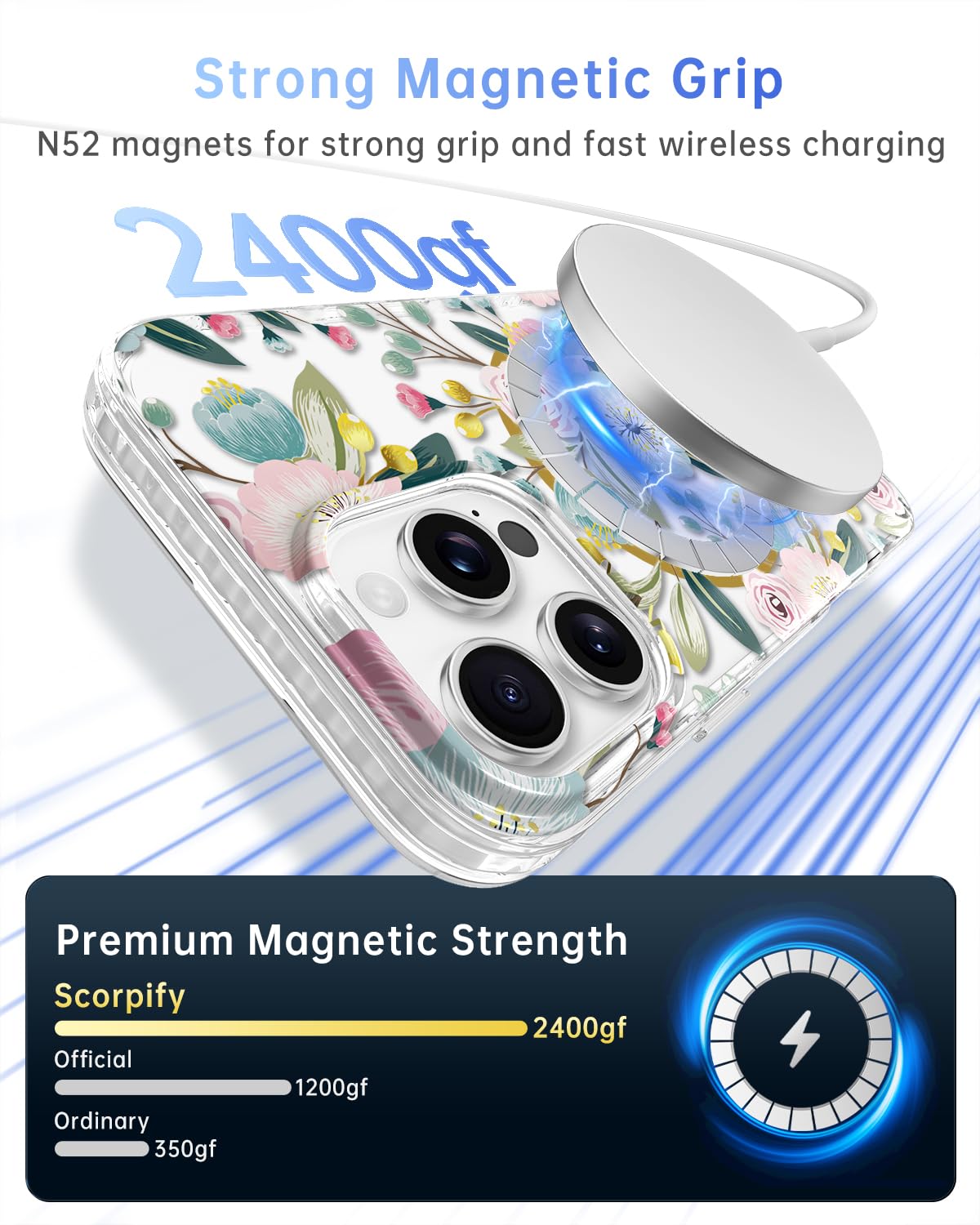 Scorpify For Iphone 16 Pro Case [Compatible With Magsafe] With Hibiscus Floral Design, Cute Clear Flower Magnetic Phone Cover Fo
