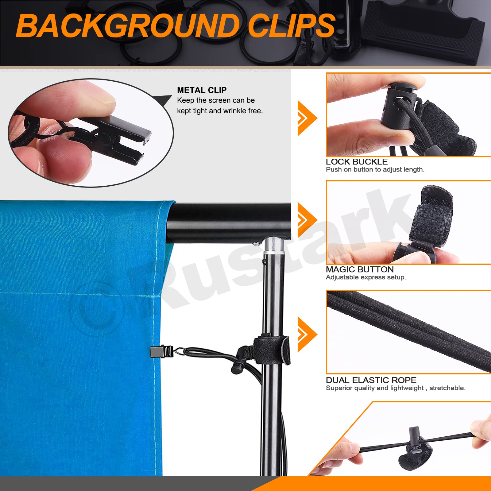 Rustark 22Pcs Backdrop Heavy Duty Spring Clamps Elastic Photo Clips Holder Clips Assortment Kit W Curtain Clips Backdrop Rings M