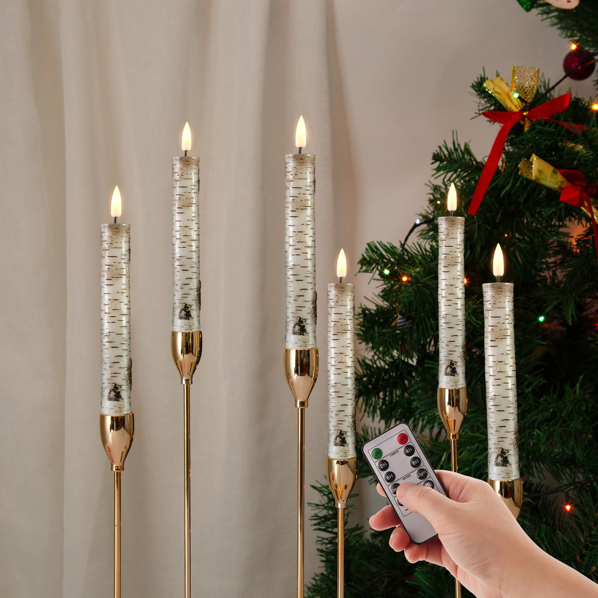 Eywamage Short Birch Bark Flameless Taper Candles With Remote, Flickering Wood Led Wax Candlesticks Set Of 6