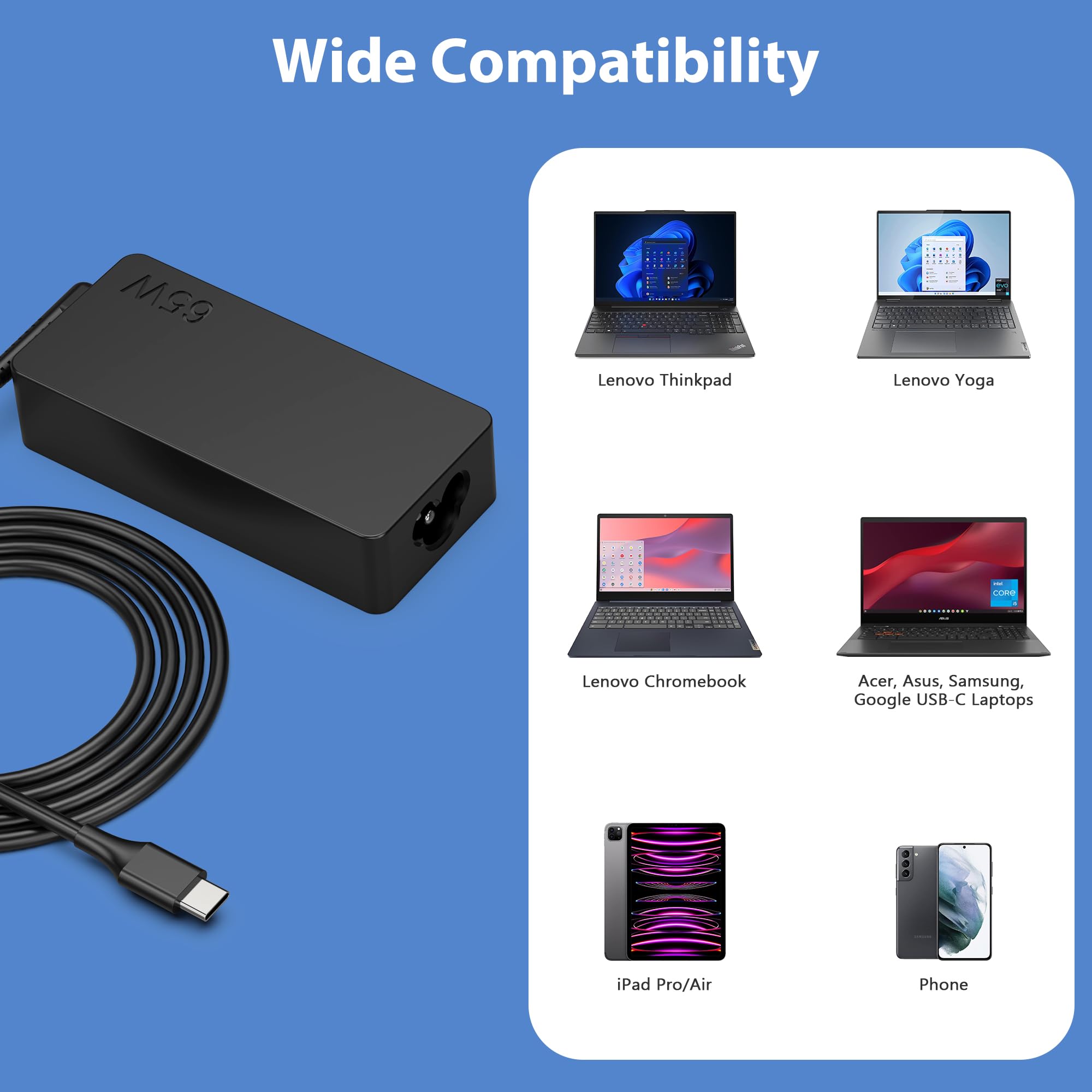 65W 45W Usb C Laptop Charger Fit For Lenovo Thinkpad Yoga Chromebook 65W Laptop Ac Adapter Power Supply Cord