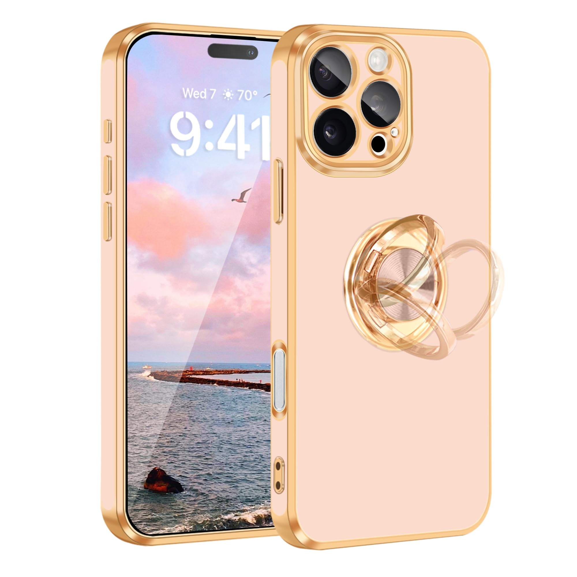 Fingic For Iphone 16 Pro Phone Case[With 360Ring Holder][Support Magnetic Car Mount]Cute Kickstand Slim Women Girls Nonslip Hard