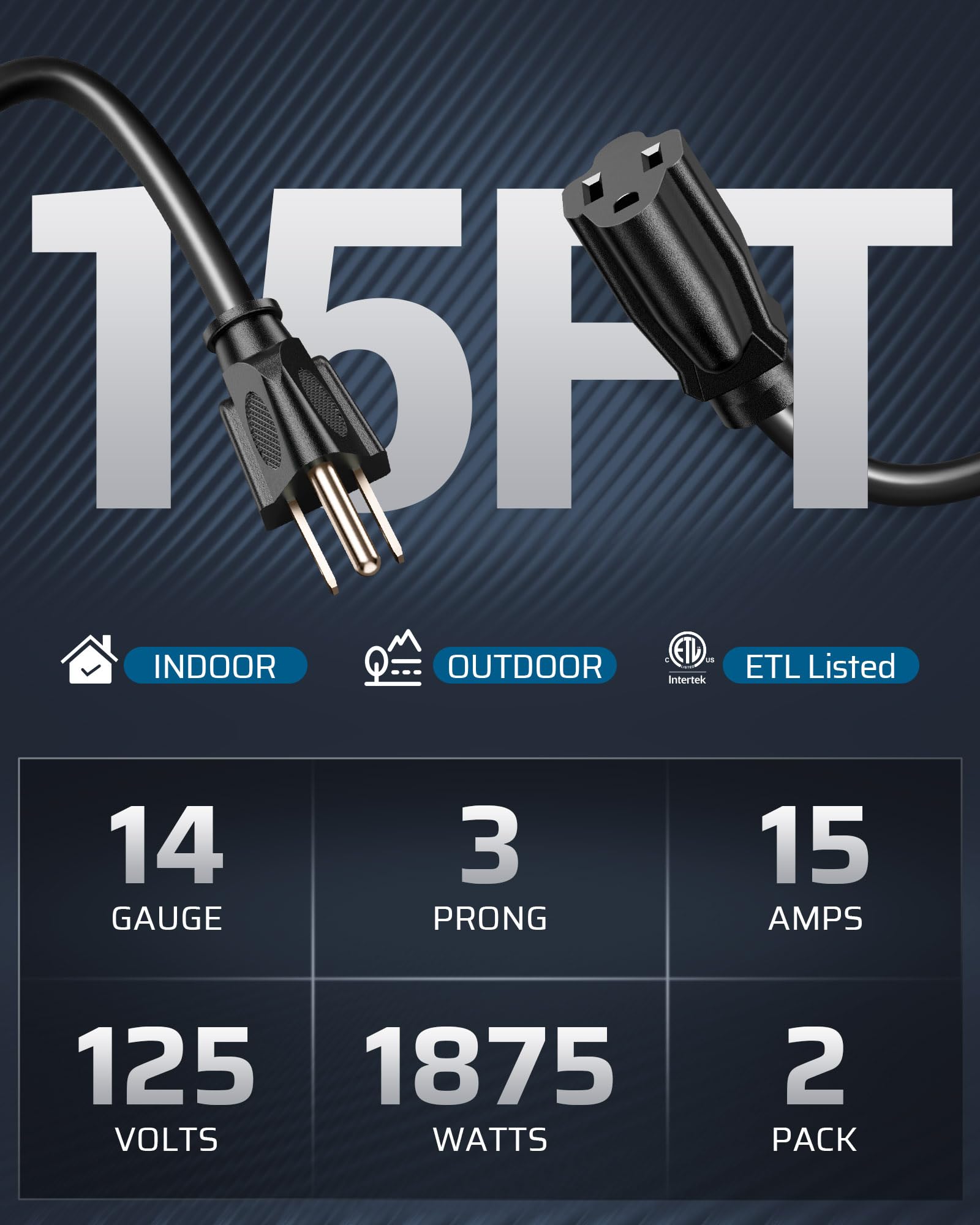 Dewenwils Extension Cord 15Ft, 14/3 Sjtw Weatherproof Power Cable For Indoor Outdoor Use, 3 Prong Heavy Duty Power Cord, Black,