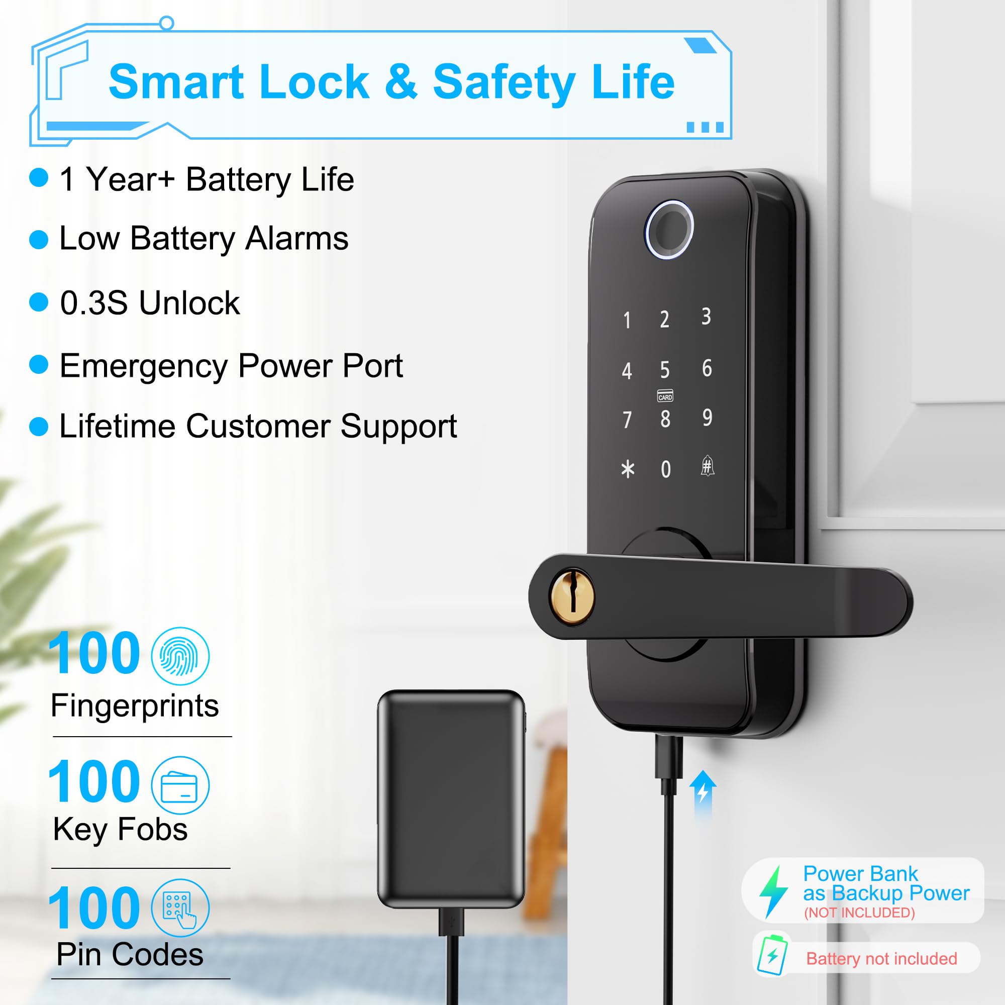 Linkthai Smart Door Lock With Fingerprint   5 In 1 Keyless Entry, Auto Lock, Remote Access Via App, 100 User Capacity, Reversibl